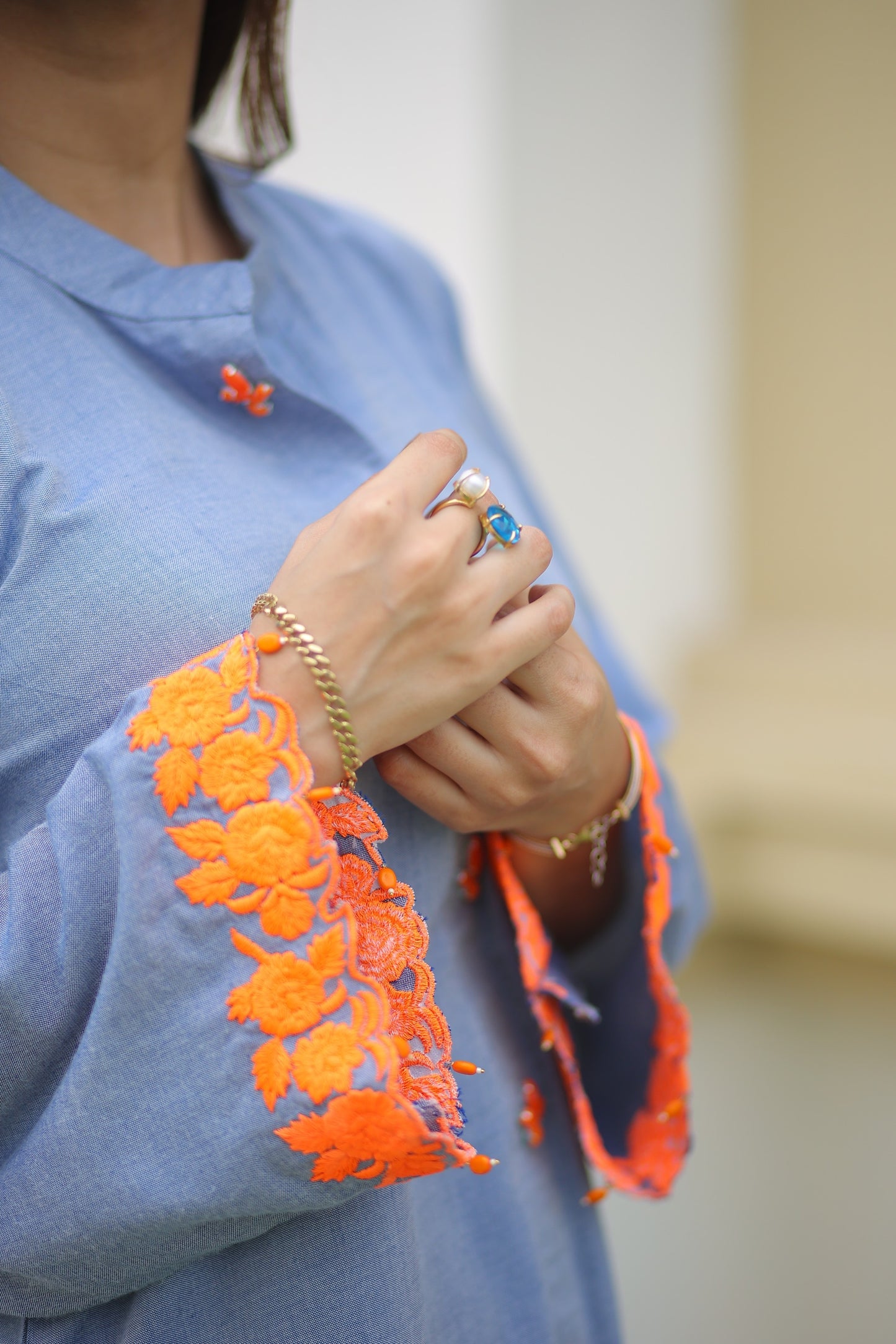 Stand Colar Neck Kurti Embroiderd Sleeves Kurti (Only Kurti)