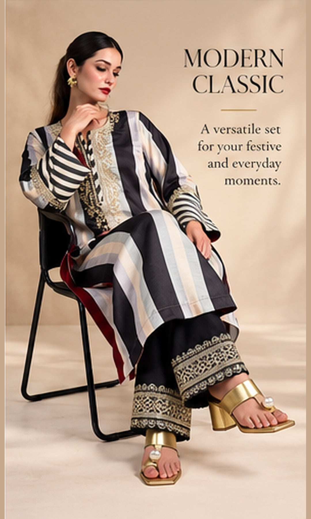 Black & Off-White Striped Crepe Silk Kurta Set with Gold Aari Work