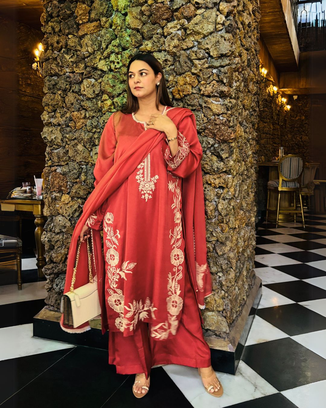 Long kurta with flair pants and organza silk dupatta