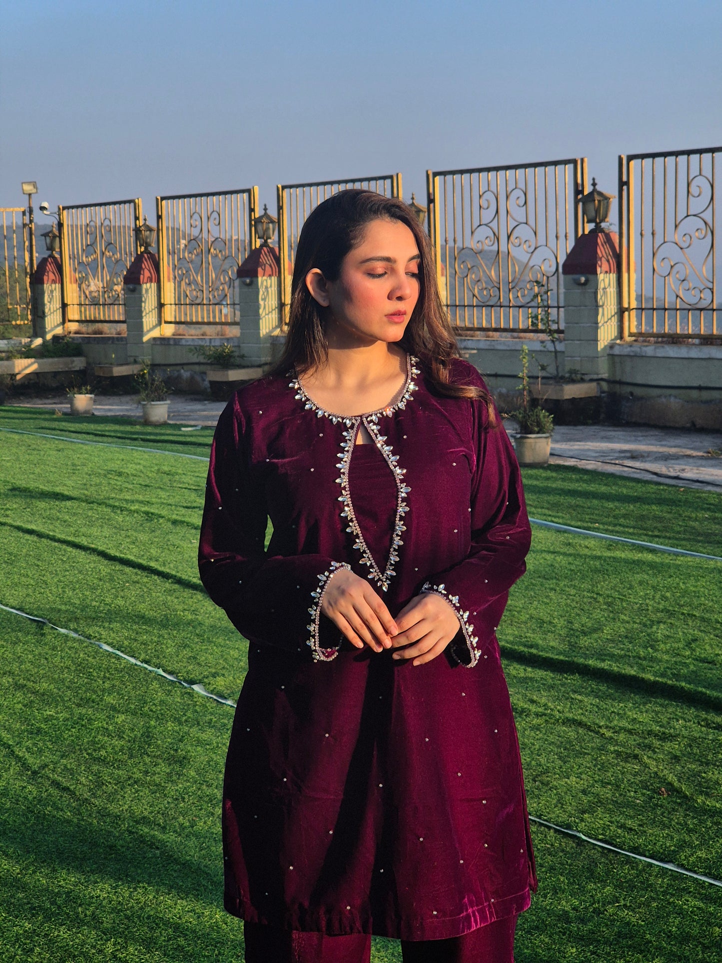 Wine Velvet Handworked Crystal Co-ord Set