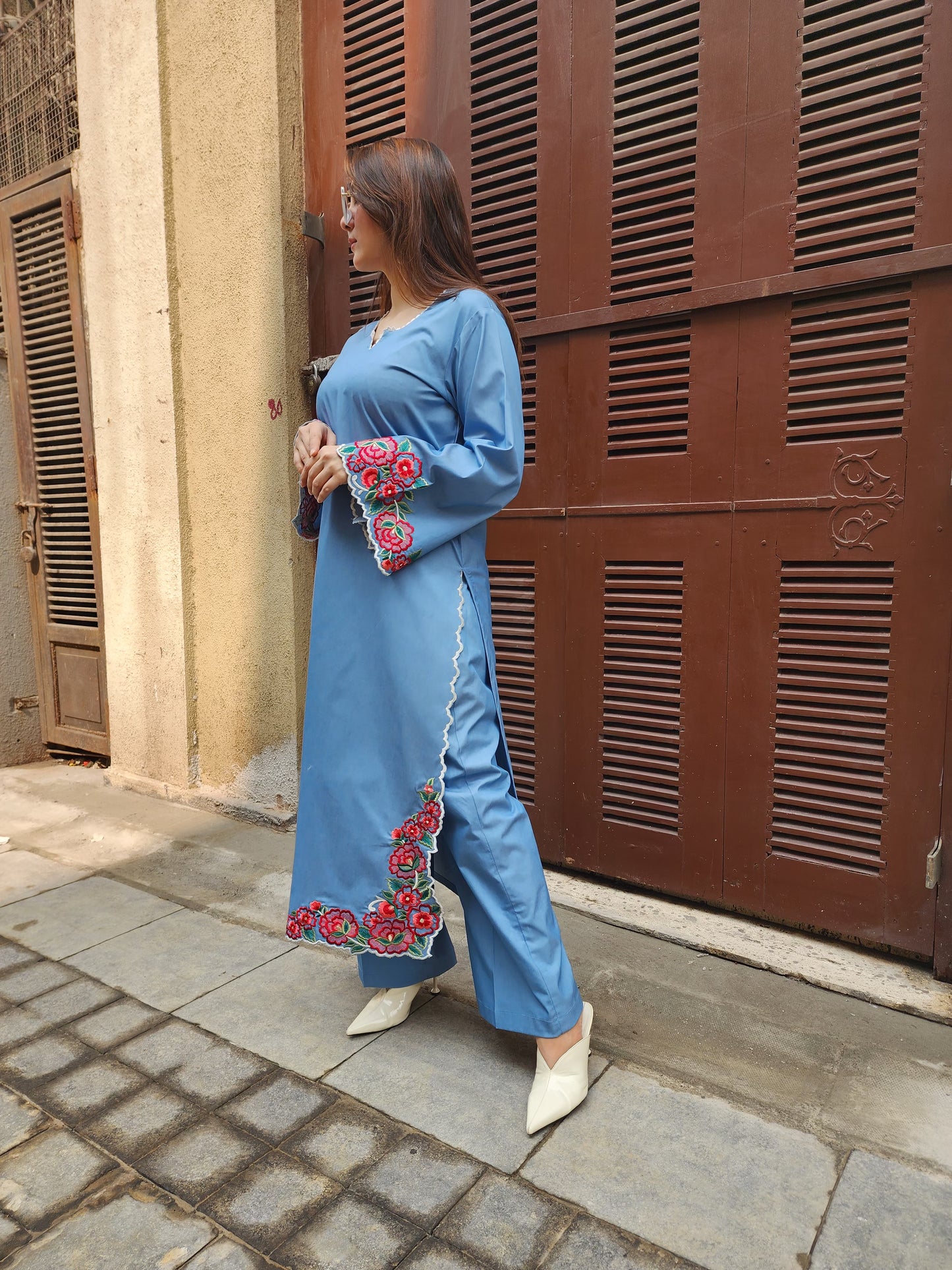Blue Soft Denim Long Kurti and Pants with Resham Work