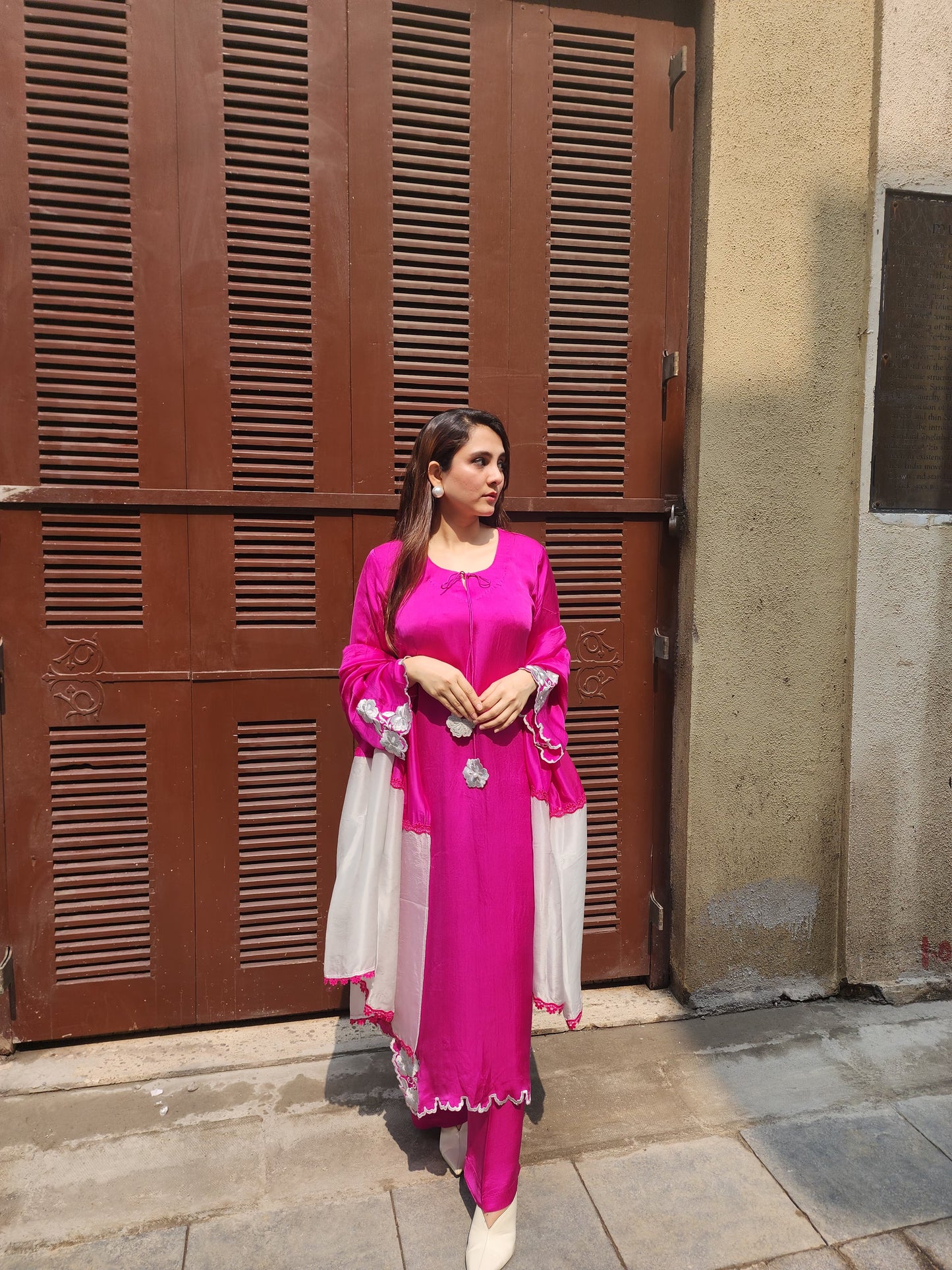 Pink Soft Silk Long Kurti Set with Embroidered Details and Shaded Dupatta