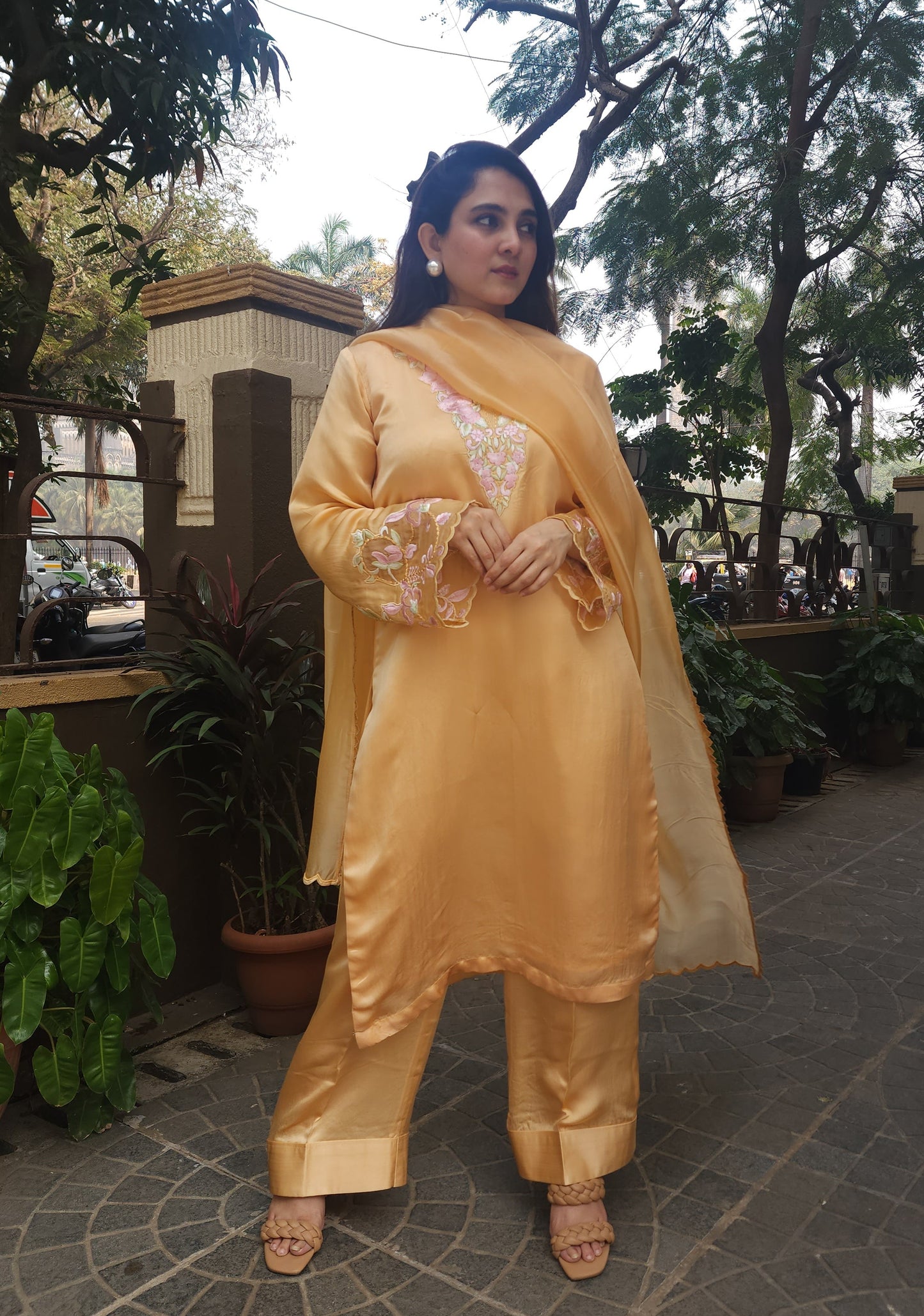 Beige Gold Embroidered Long Kurta with Cuff Pants and Dupatta