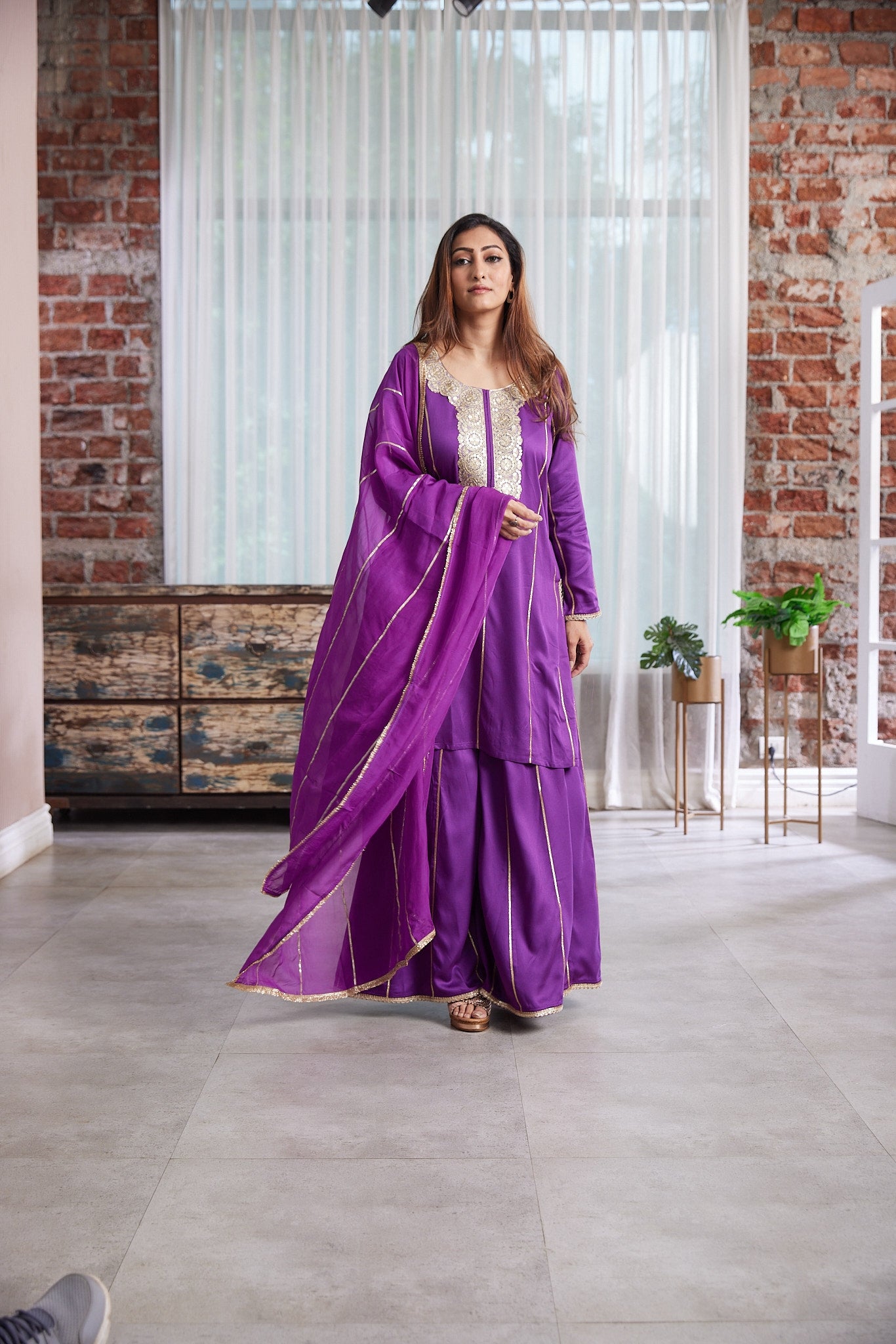 Kurta with gold neckline work along with kaliwala pants with gotta work ,dupattah organza silk with gotta work