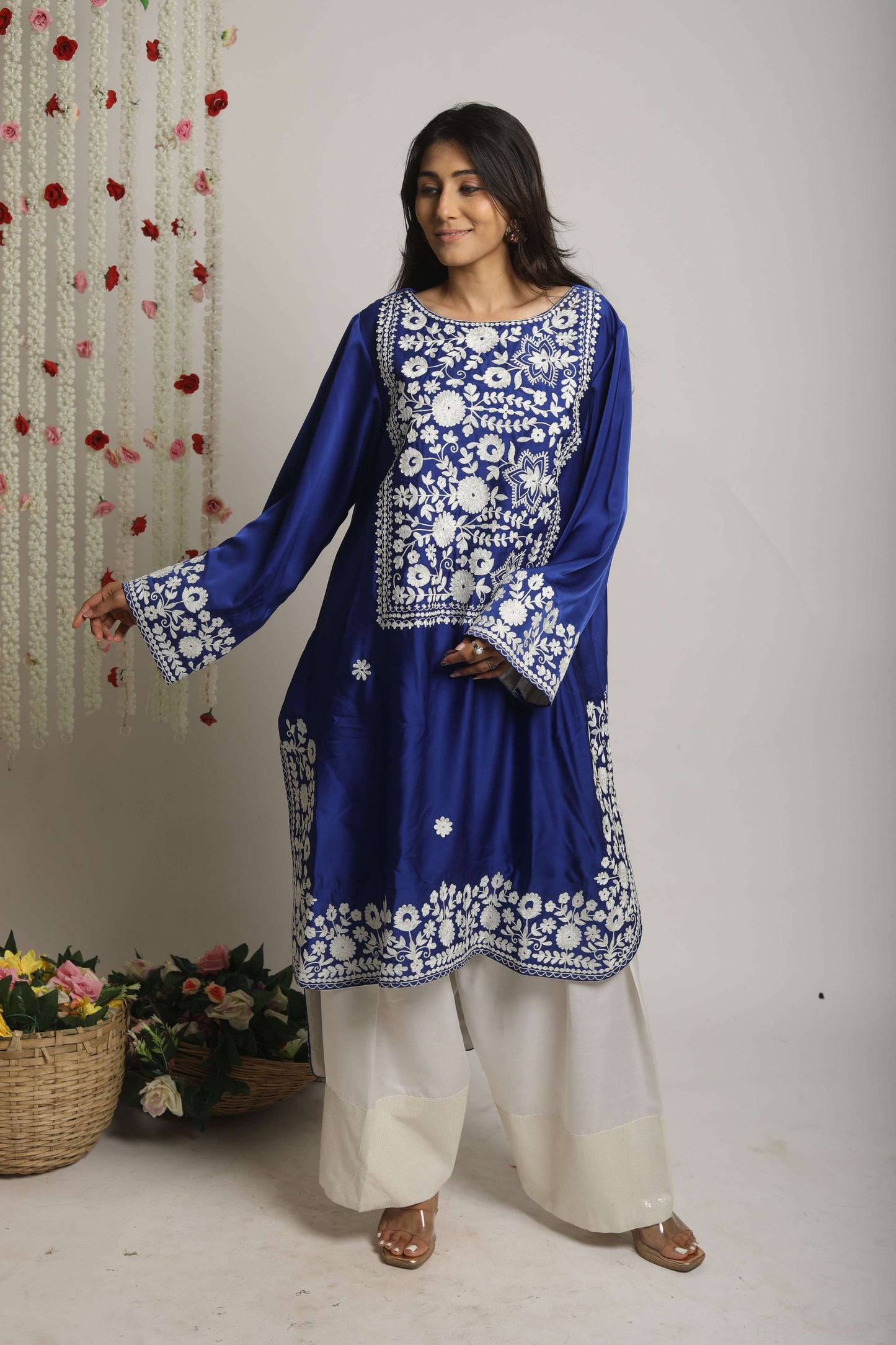 Aari work front short and back long farsi salwar set