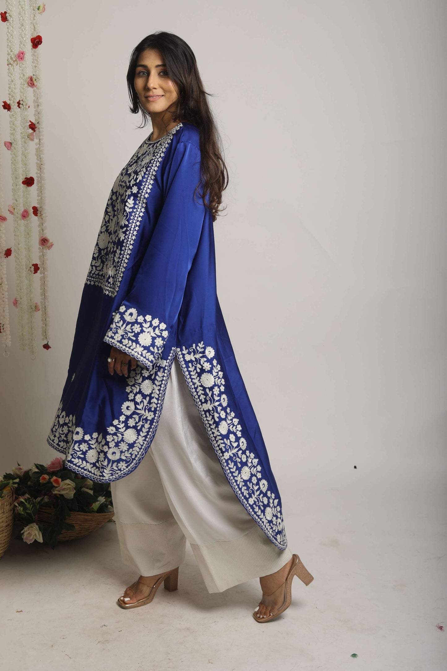 Aari work front short and back long farsi salwar set