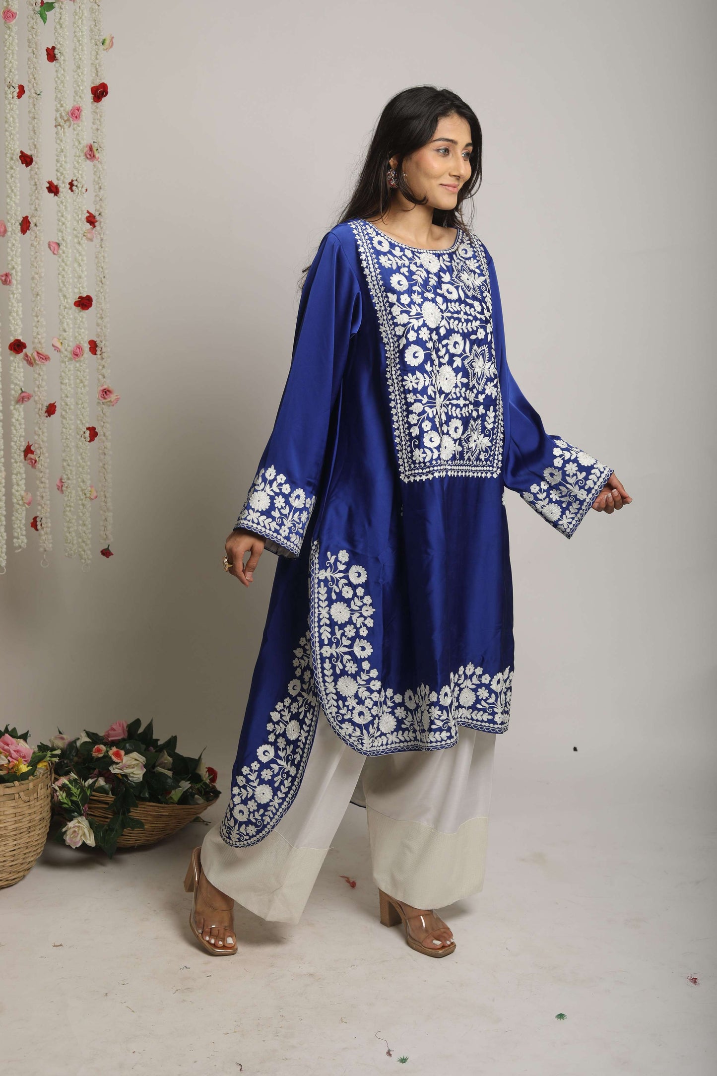 Aari work front short and back long farsi salwar set