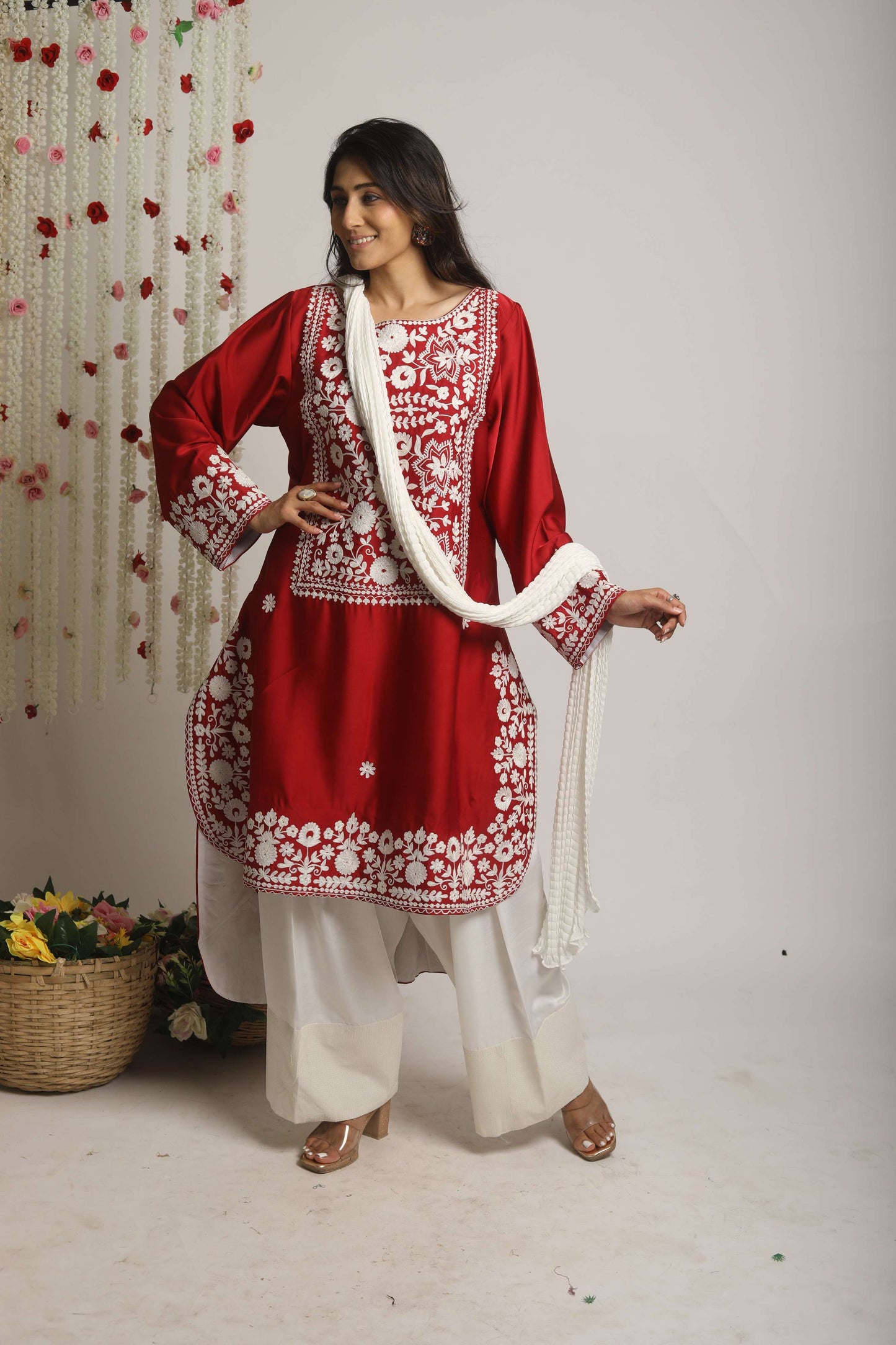 Aari work front short and back long farsi salwar and dupatta