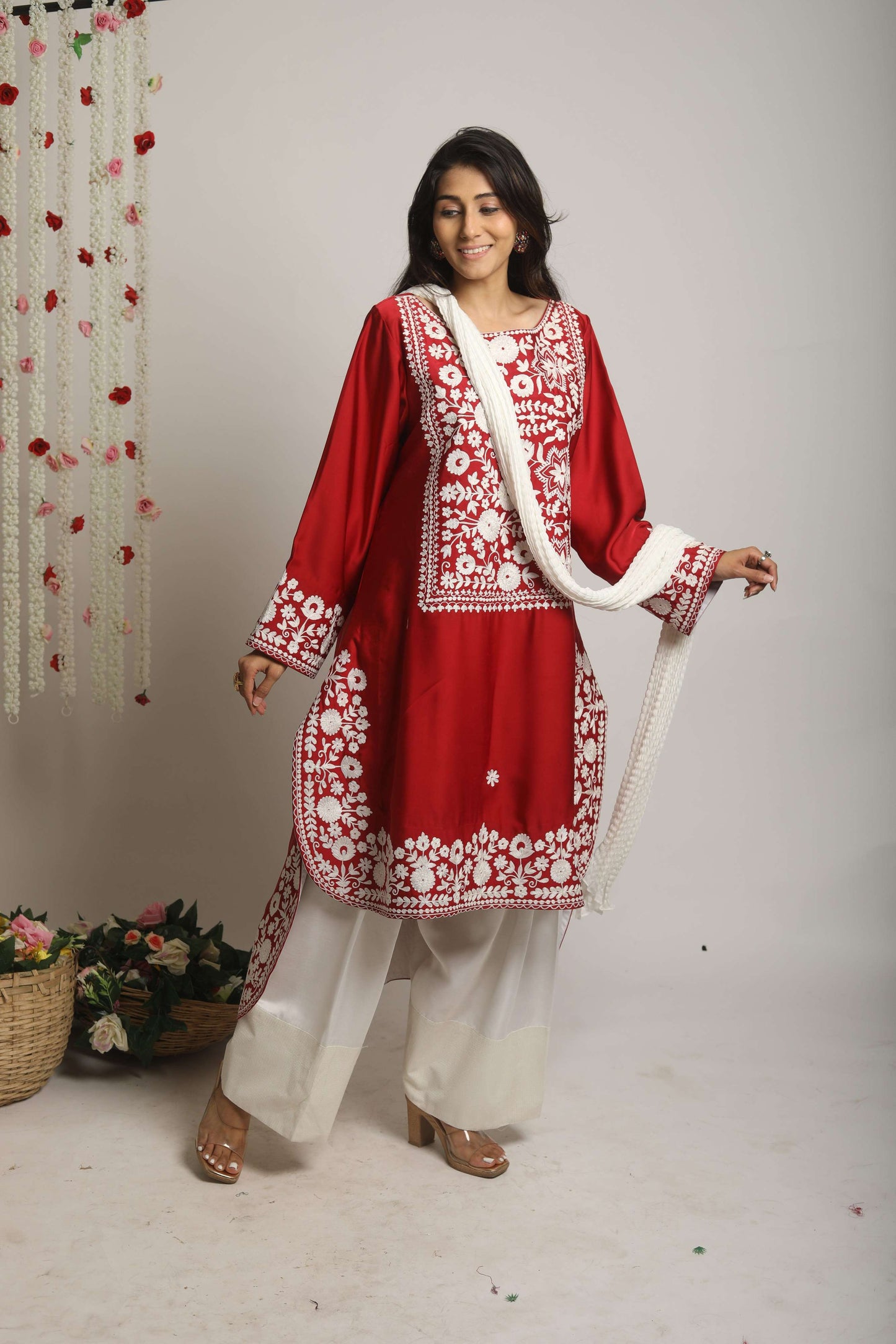 Aari work front short and back long farsi salwar and dupatta