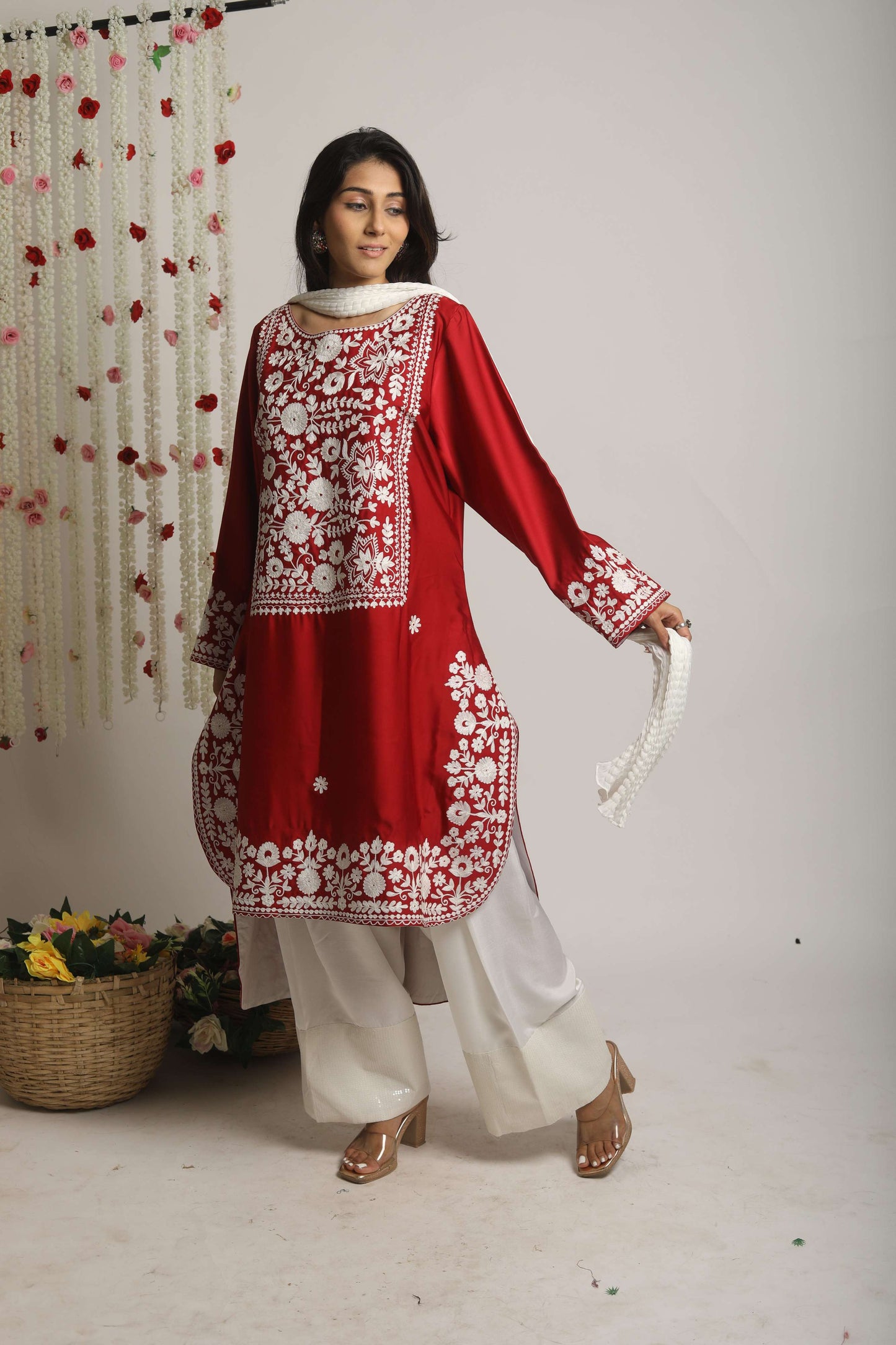 Aari work front short and back long farsi salwar and dupatta