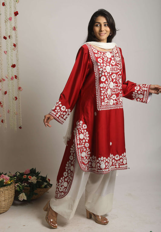 Aari work front short and back long farsi salwar and dupatta