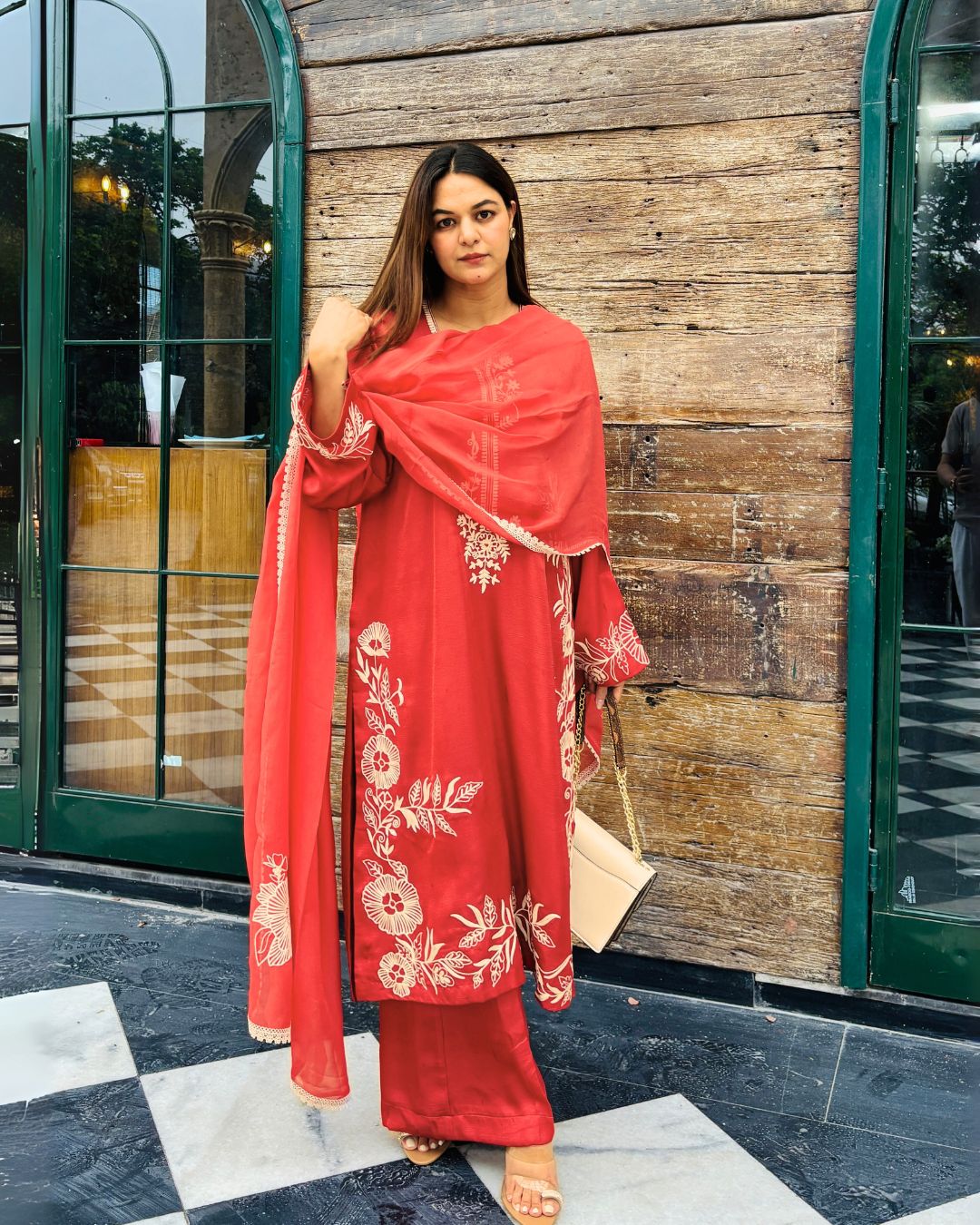 Long kurta with flair pants and organza silk dupatta
