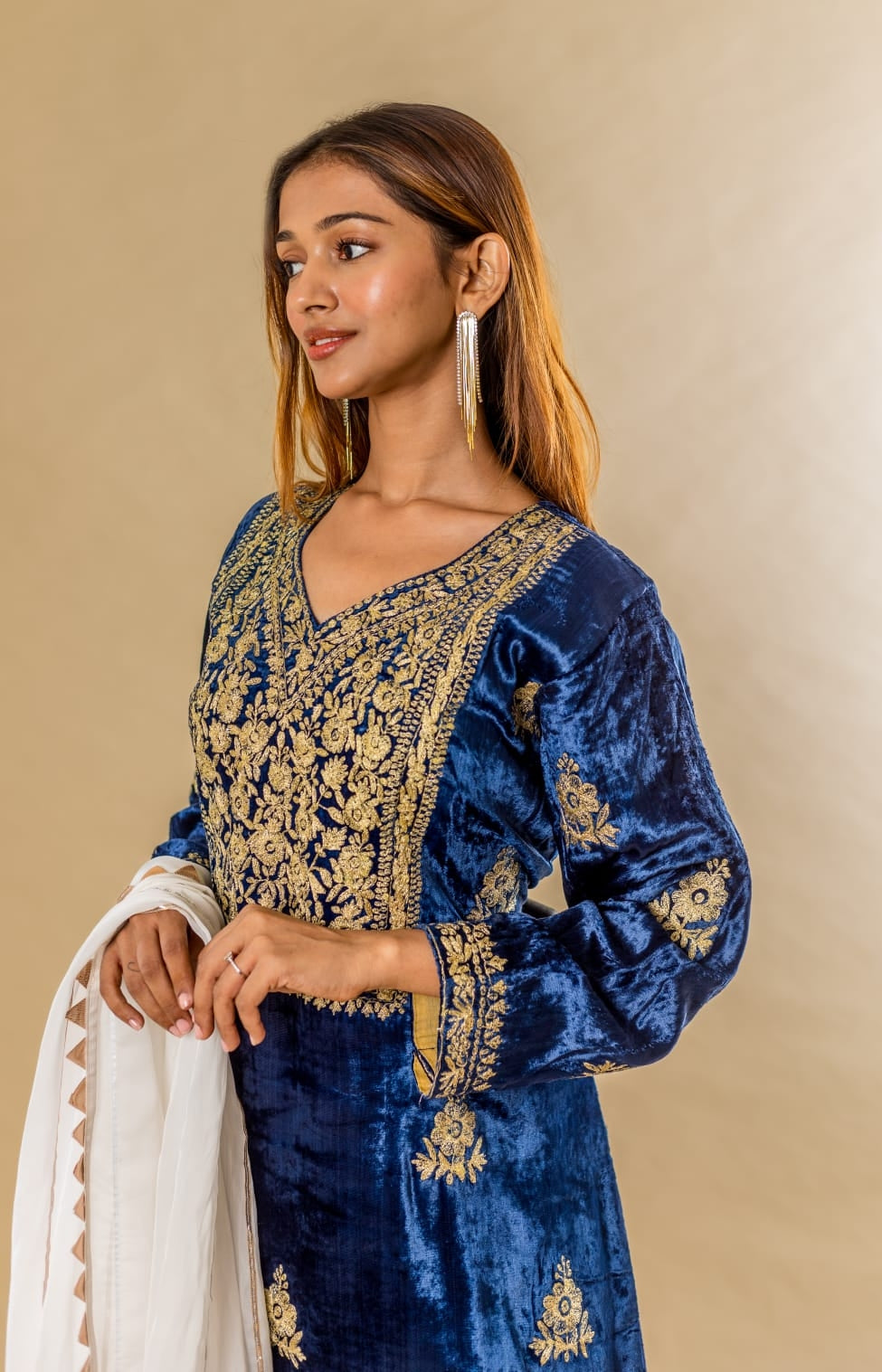 Straight Kurta with white and Gold brocade pants and organza silk dupattah with gotta work