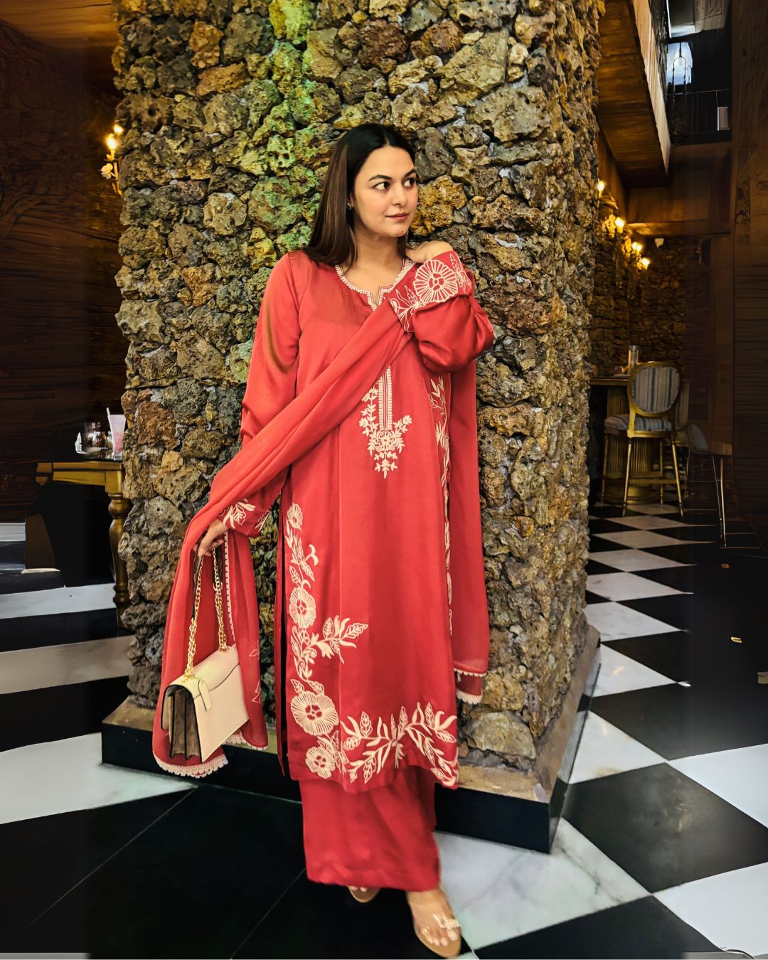 Long kurta with flair pants and organza silk dupatta