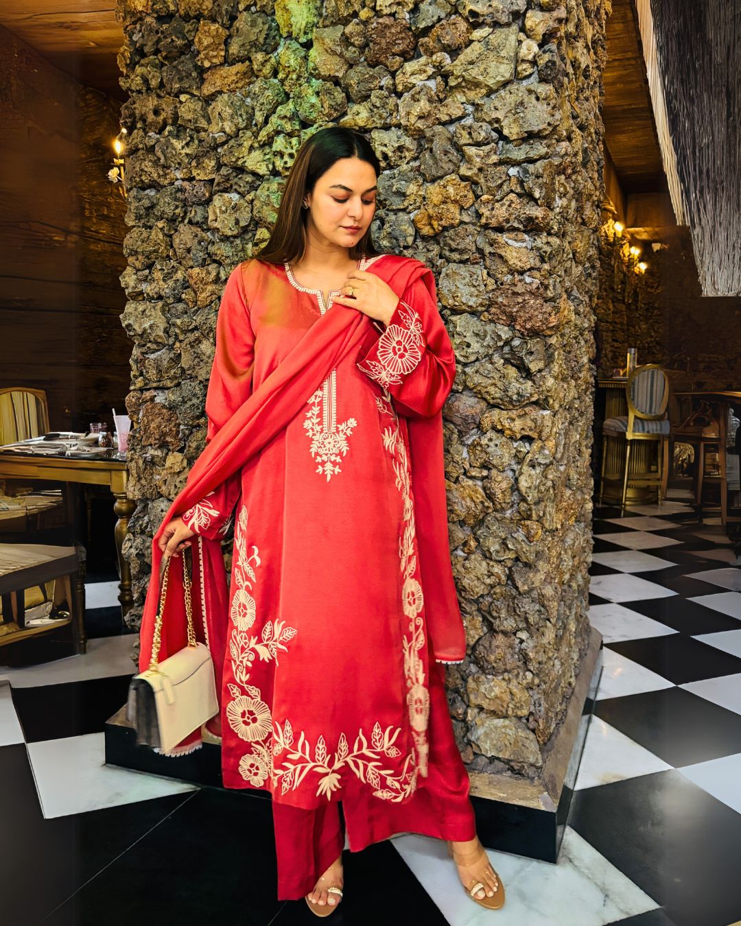 Long kurta with flair pants and organza silk dupatta