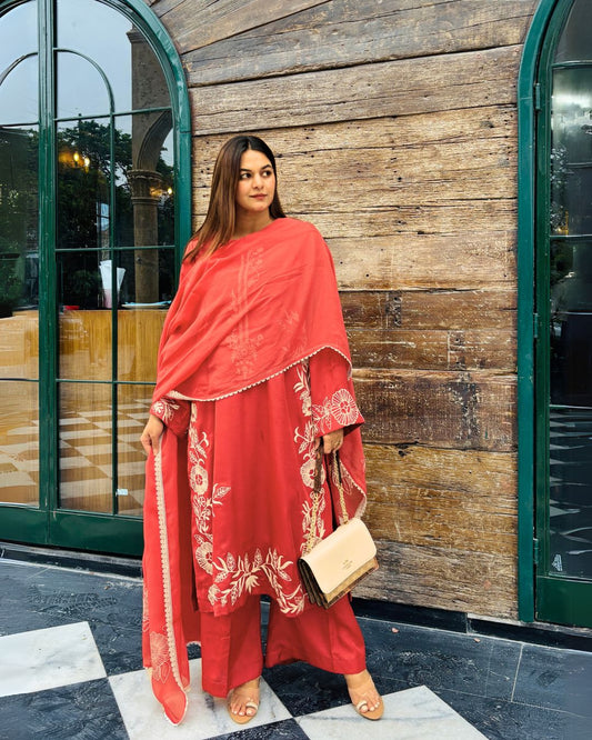 Long kurta with flair pants and organza silk dupatta