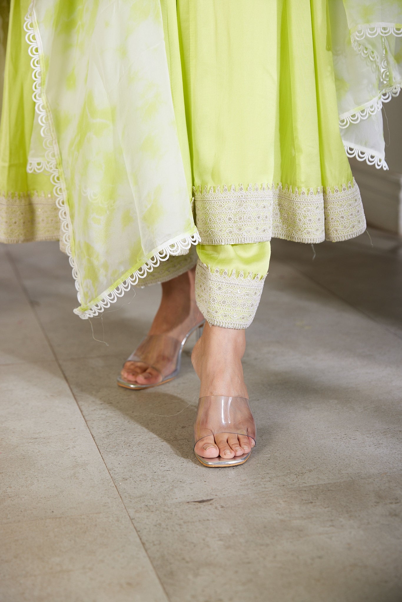 Long kaliwala anarkali with plazza pants ,dupattah organza silk with tie and dye effects finish with dori work borders