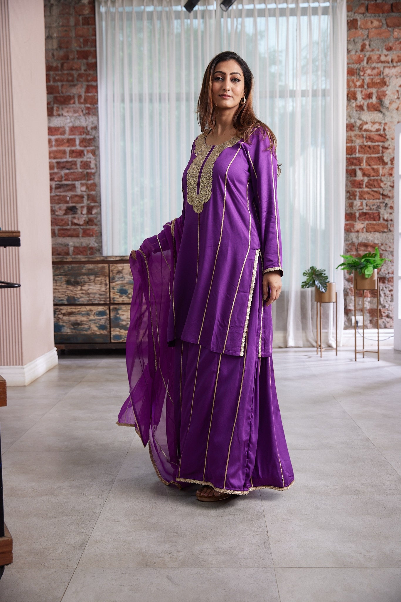 Kurta with gold neckline work along with kaliwala pants with gotta work ,dupattah organza silk with gotta work