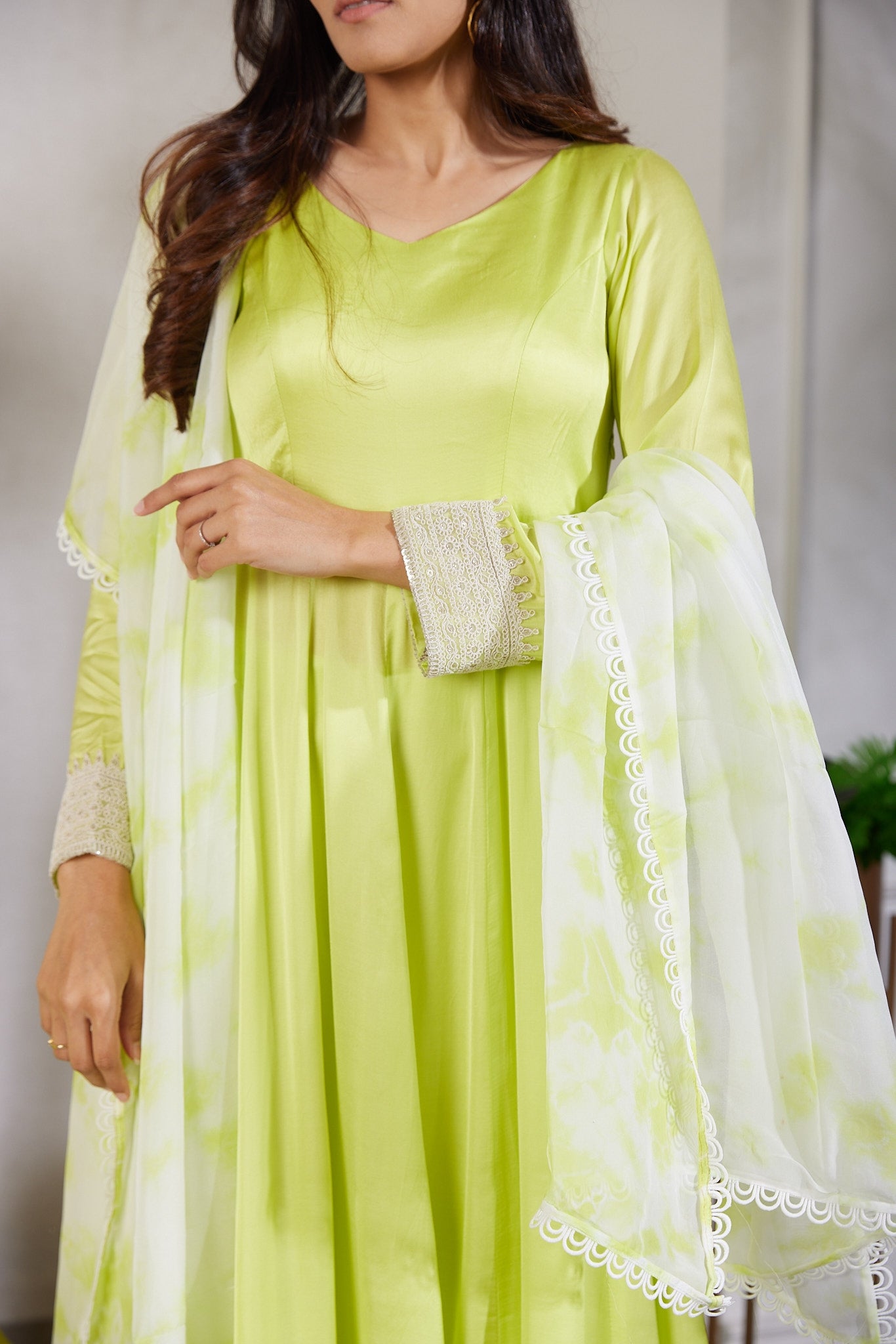 Long kaliwala anarkali with plazza pants ,dupattah organza silk with tie and dye effects finish with dori work borders