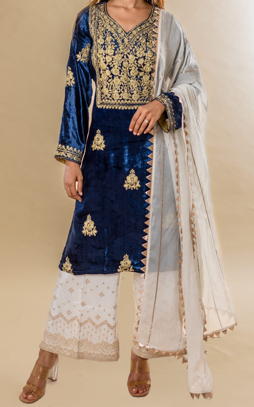 Straight Kurta with white and Gold brocade pants and organza silk dupattah with gotta work