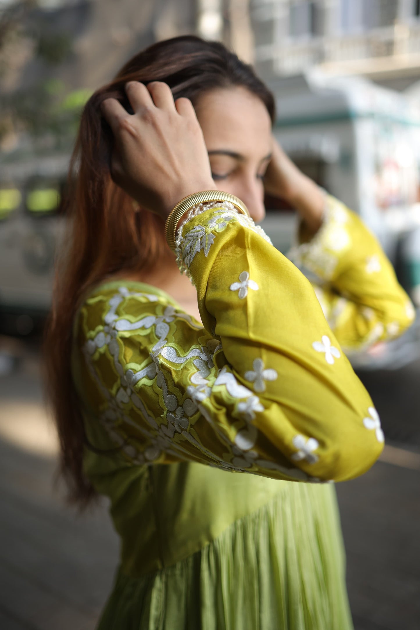 Anarkali with gathers and straight pants inside Sleeves Fully embroiderd