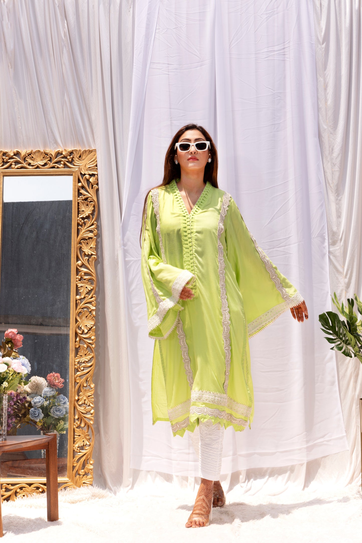 High neck with loops long kurti with bell sleeves