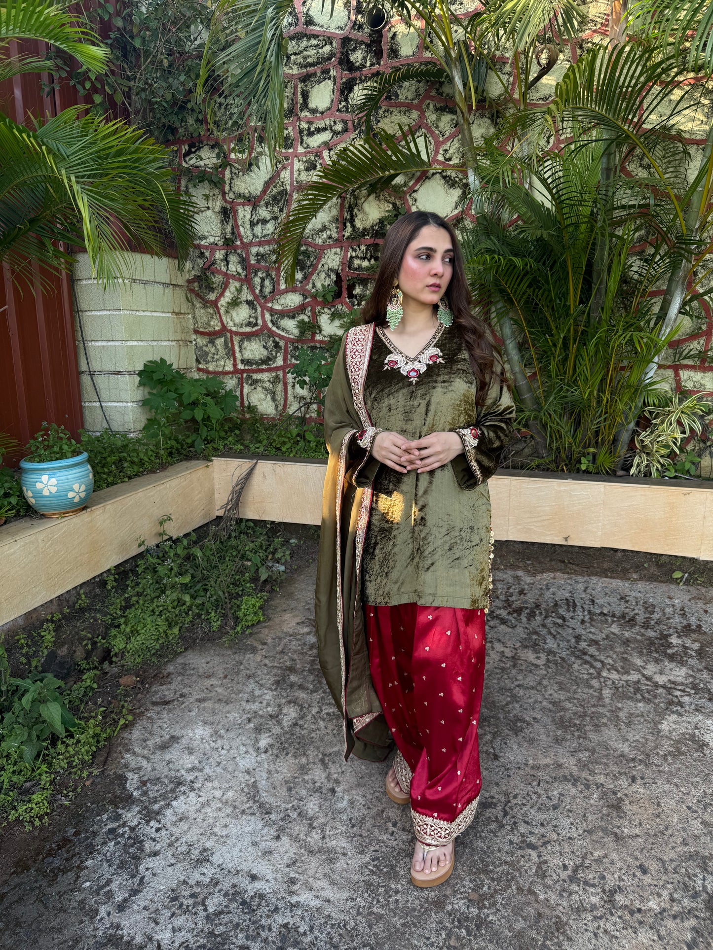 Sap Green Velvet Silk Kurta Set with Zardosi & Coin Highlights