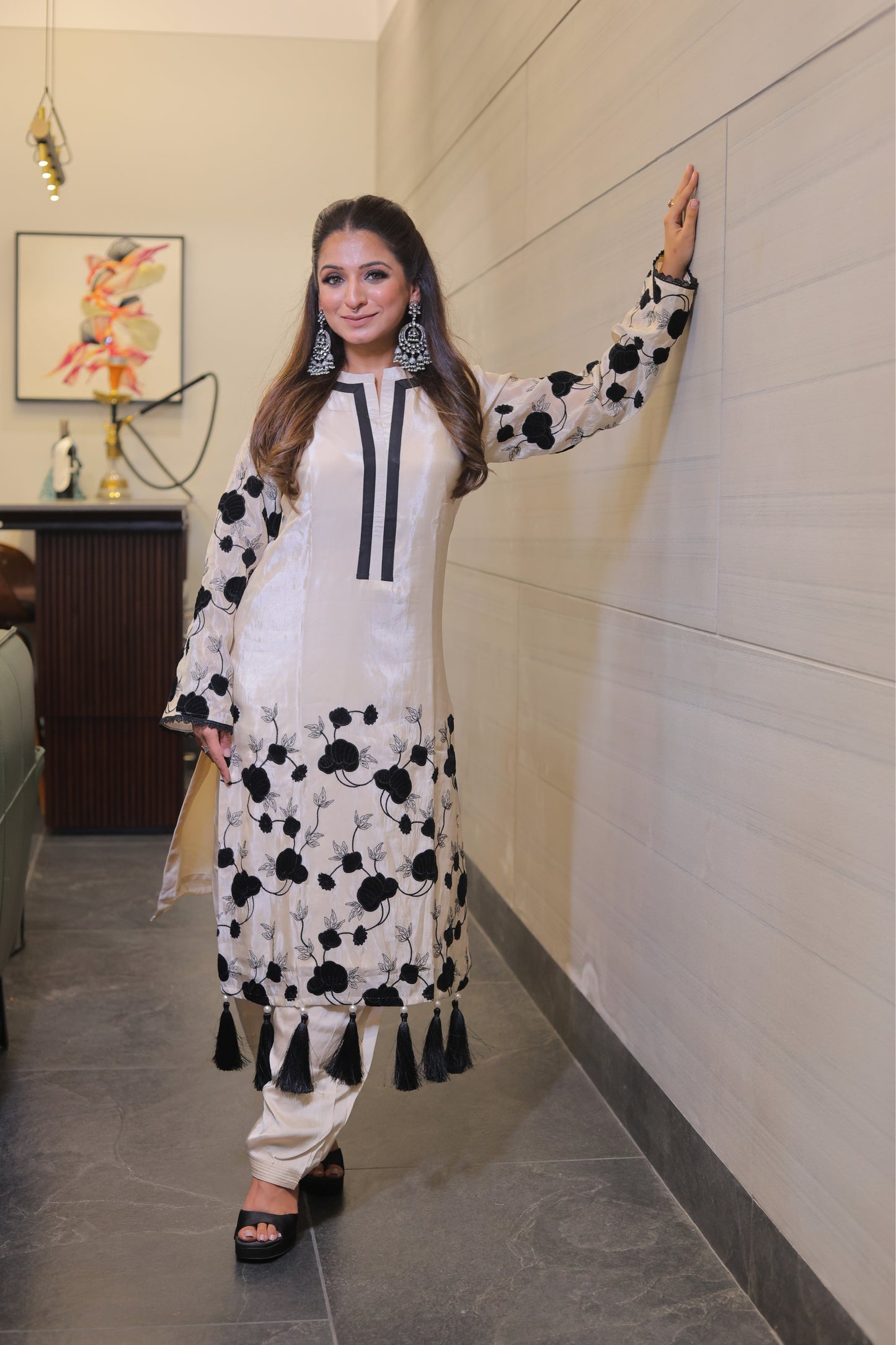 Long kurta with stand colar Neck and velvet patch work in the Daman and sleeves