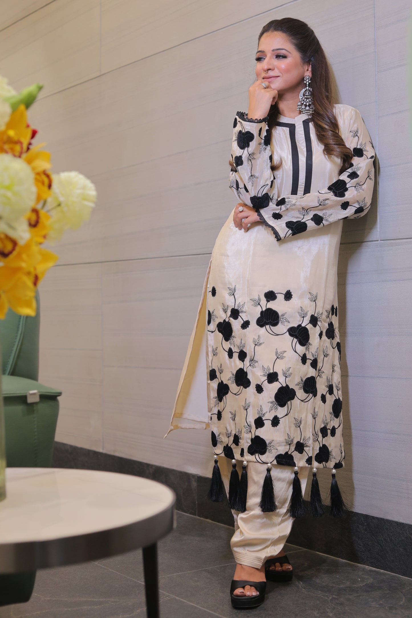 Long kurta with stand colar Neck and velvet patch work in the Daman and sleeves