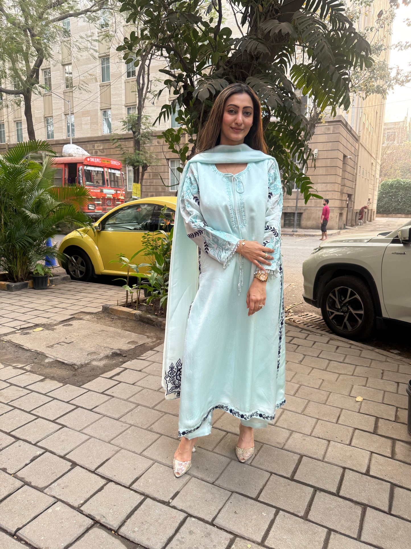 Ice Blue & Navy Blue Embroidered Satin & Organza Silk Kaftan Set with Dupatta