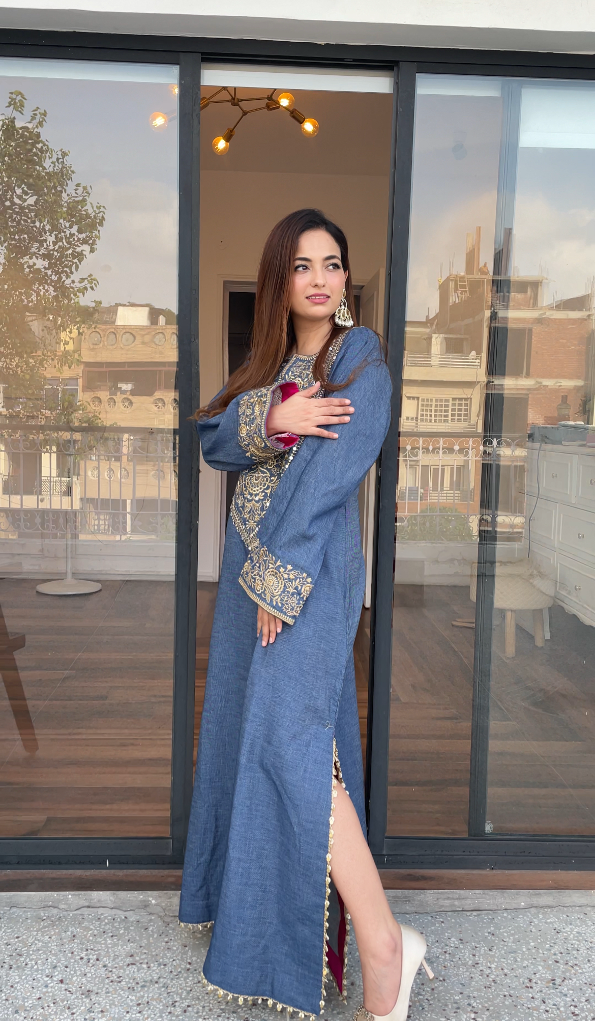 Denim Silk Long Dress with Slits