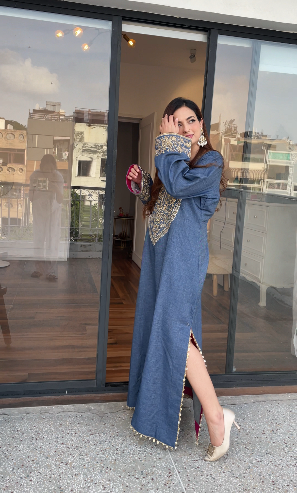 Denim Silk Long Dress with Slits