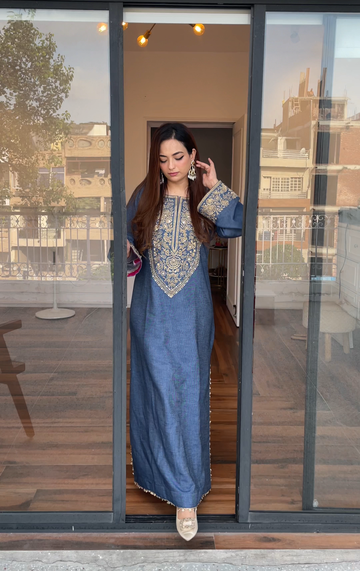 Denim Silk Long Dress with Slits