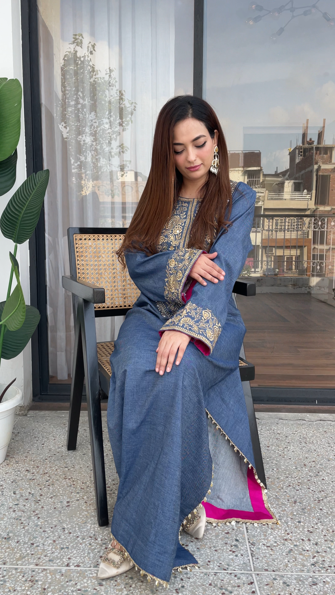 Denim Silk Long Dress with Slits