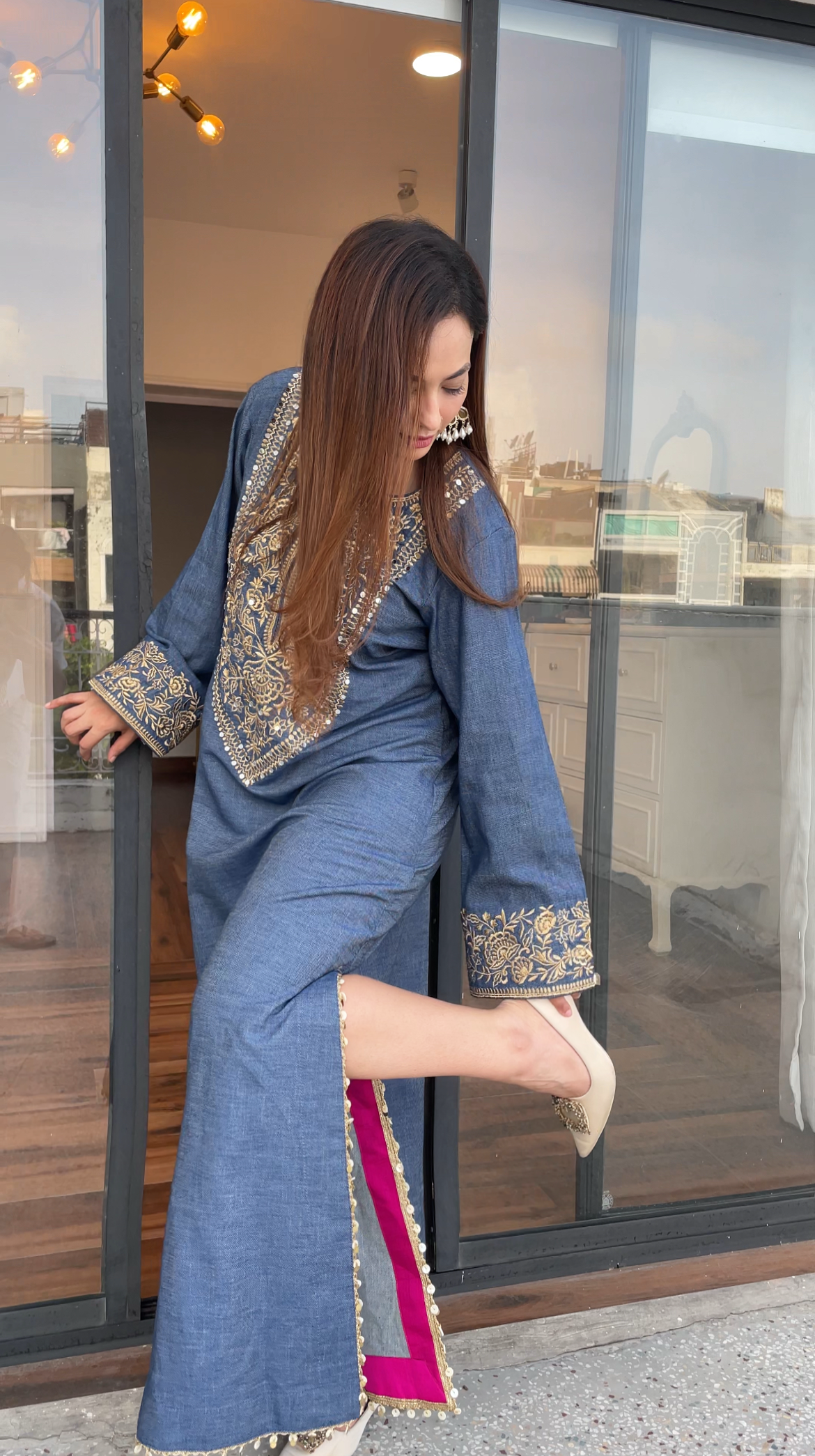 Denim Silk Long Dress with Slits
