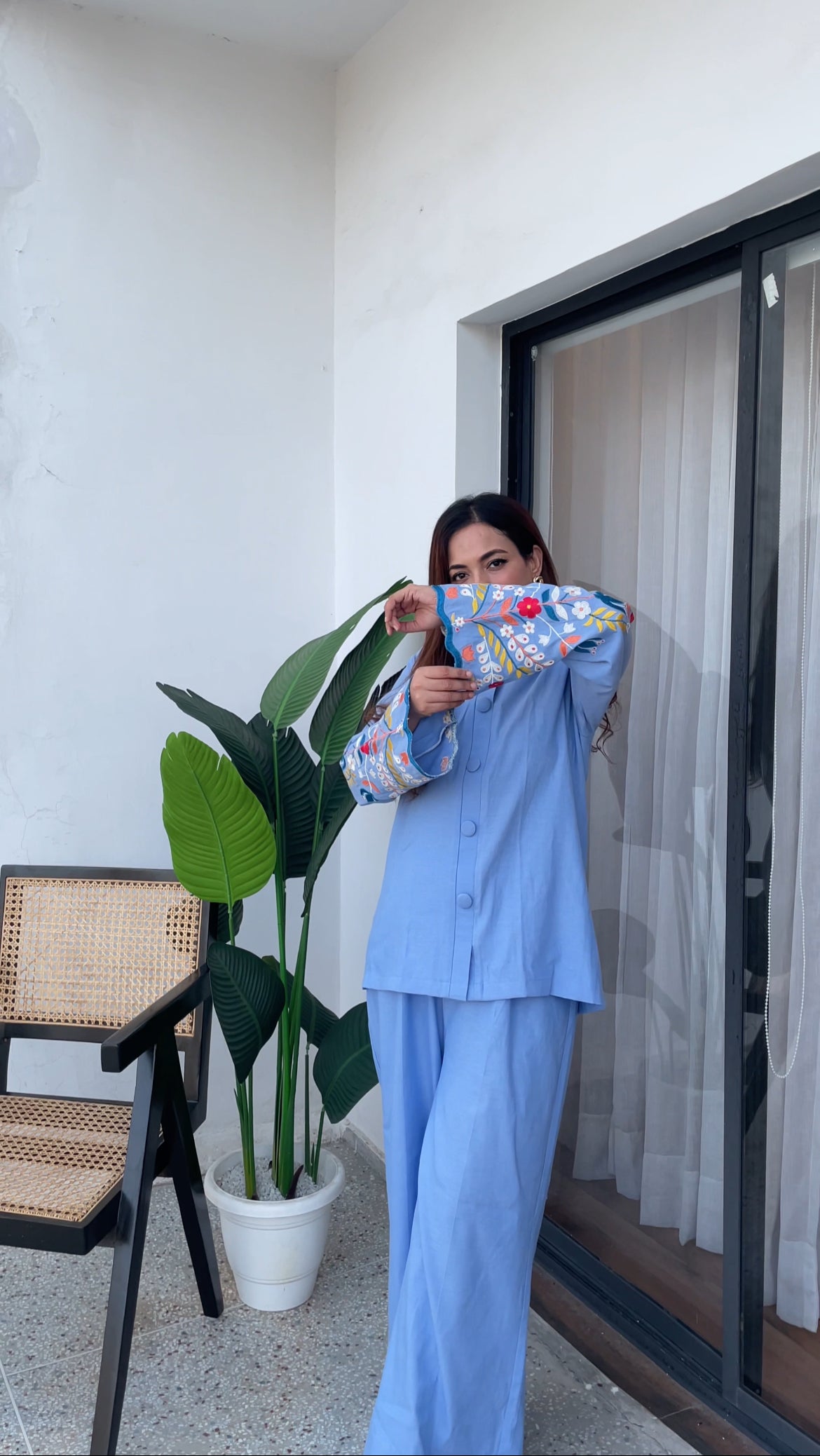 Cotton Denim Shirt with Embroidery and Bell Bottoms