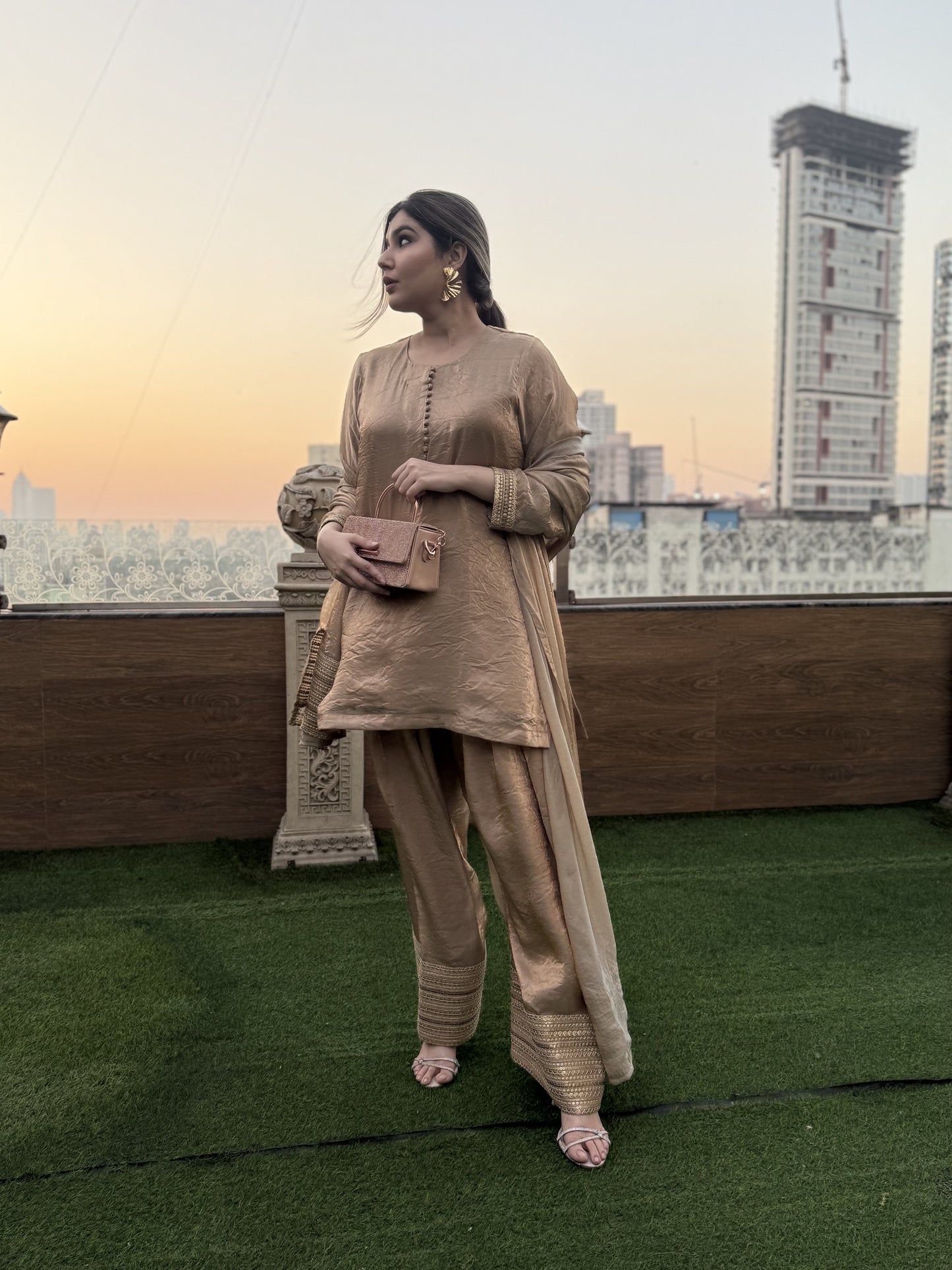 Embellished Short Top & Farsi Salwar Set with Sequin & Coin Detailing