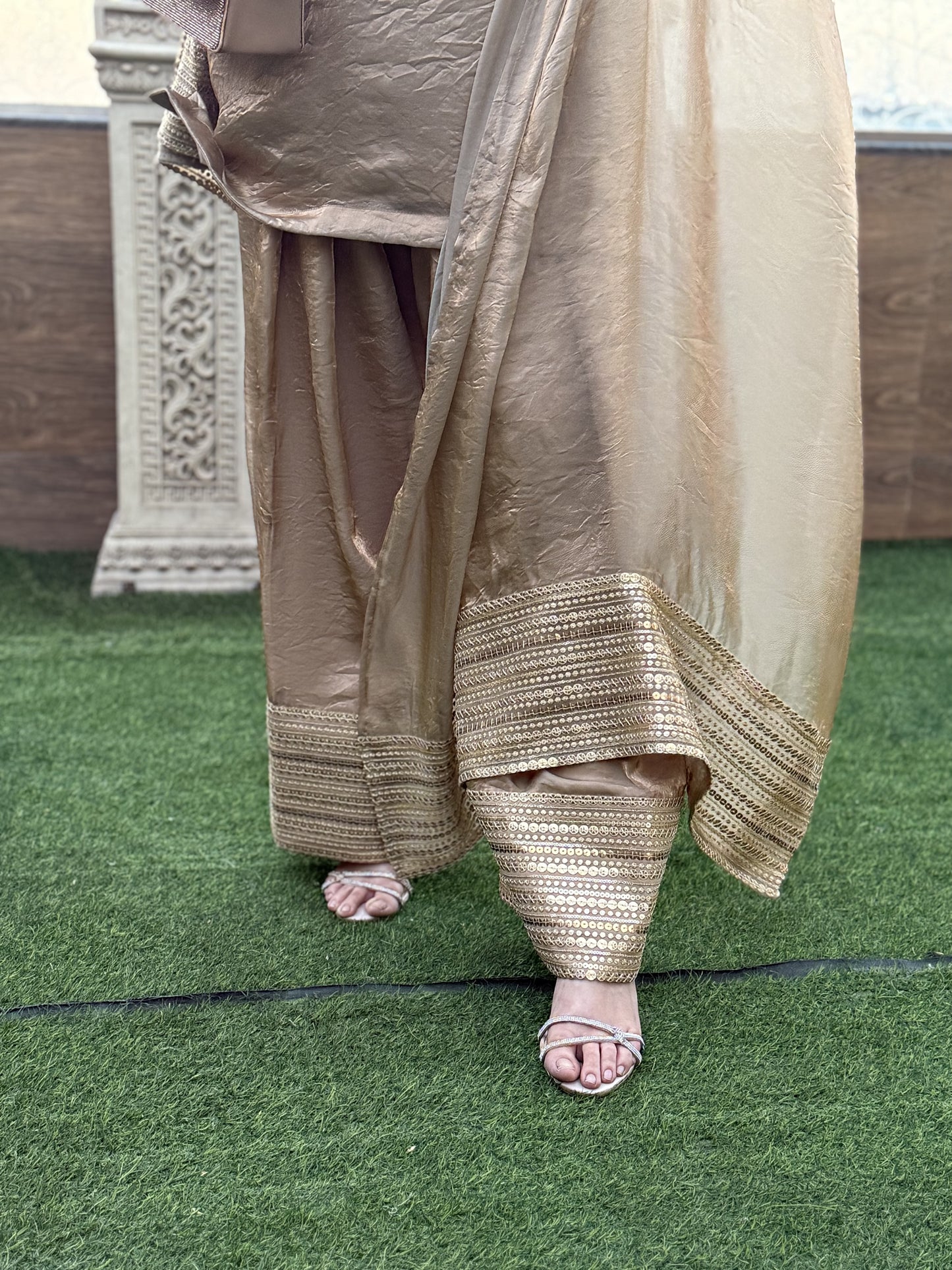 Embellished Short Top & Farsi Salwar Set with Sequin & Coin Detailing