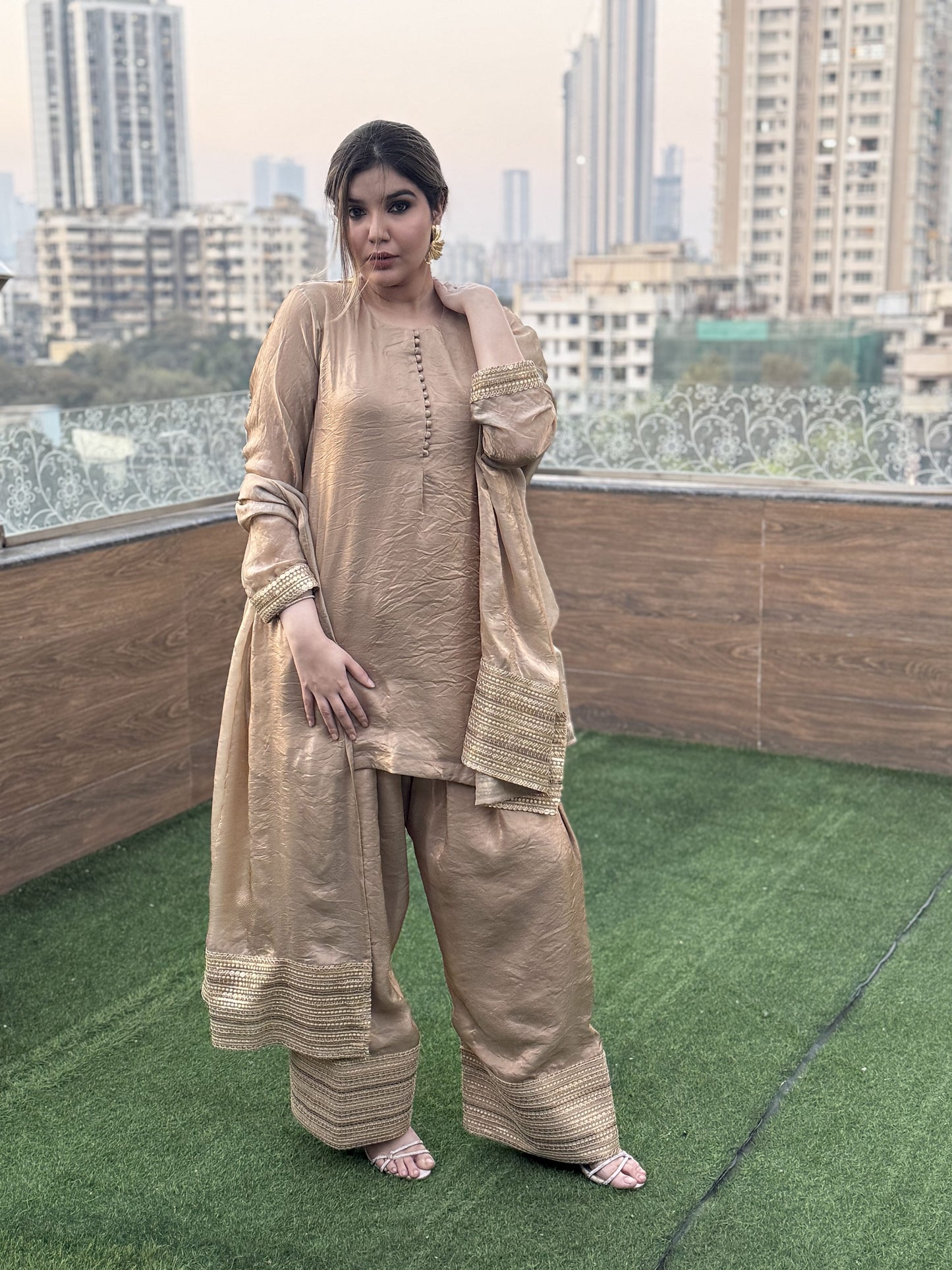 Embellished Short Top & Farsi Salwar Set with Sequin & Coin Detailing