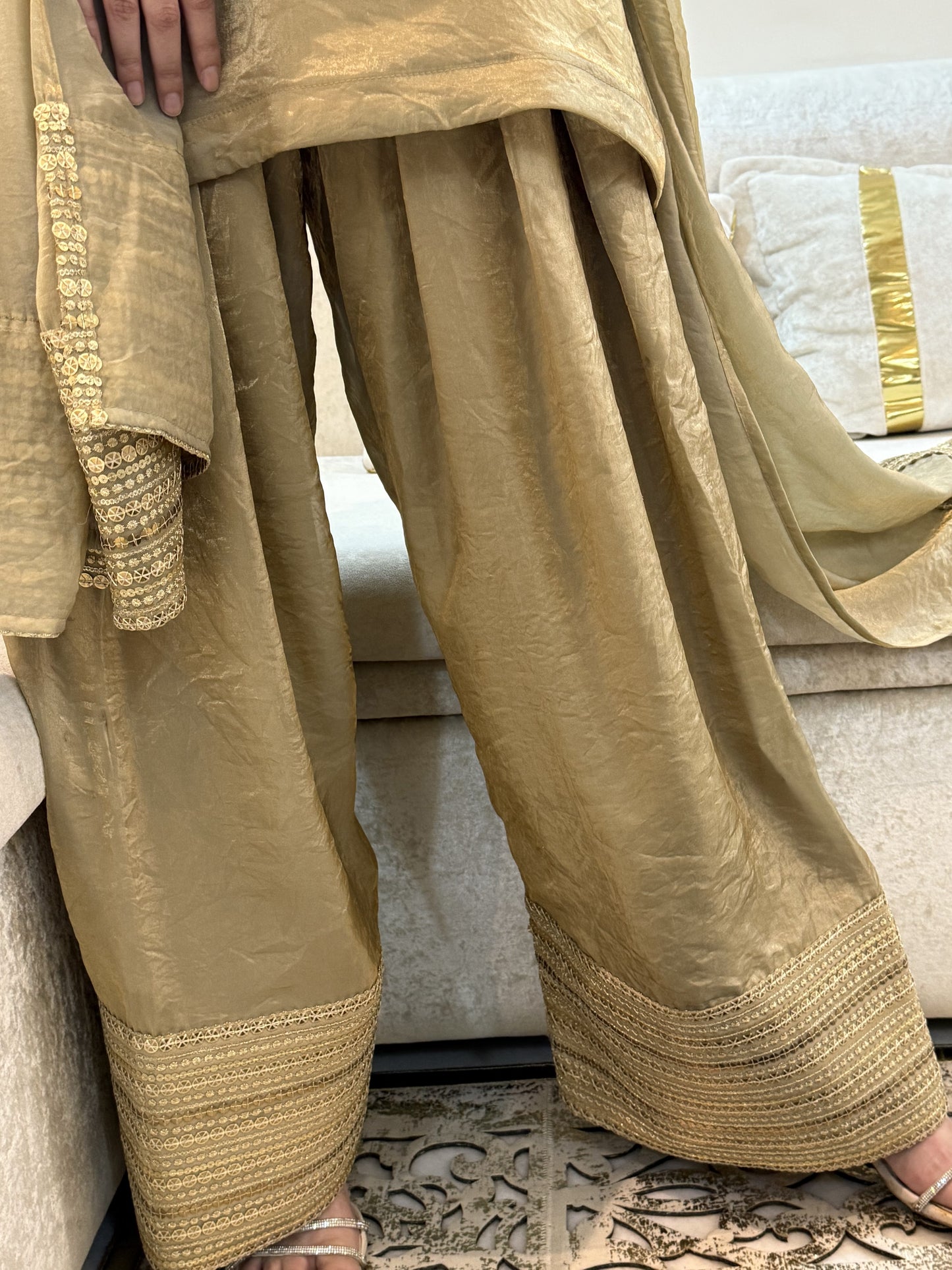 Embellished Short Top & Farsi Salwar Set with Sequin & Coin Detailing