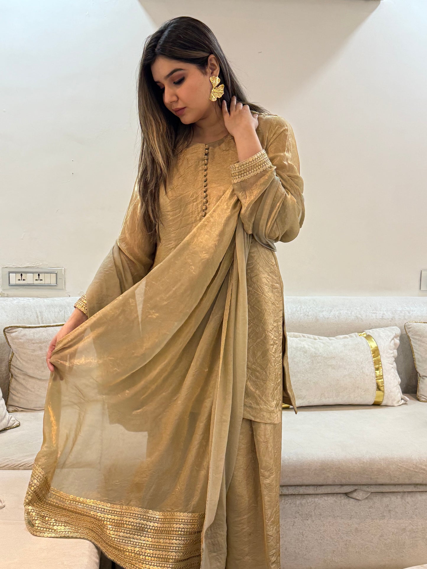 Embellished Short Top & Farsi Salwar Set with Sequin & Coin Detailing