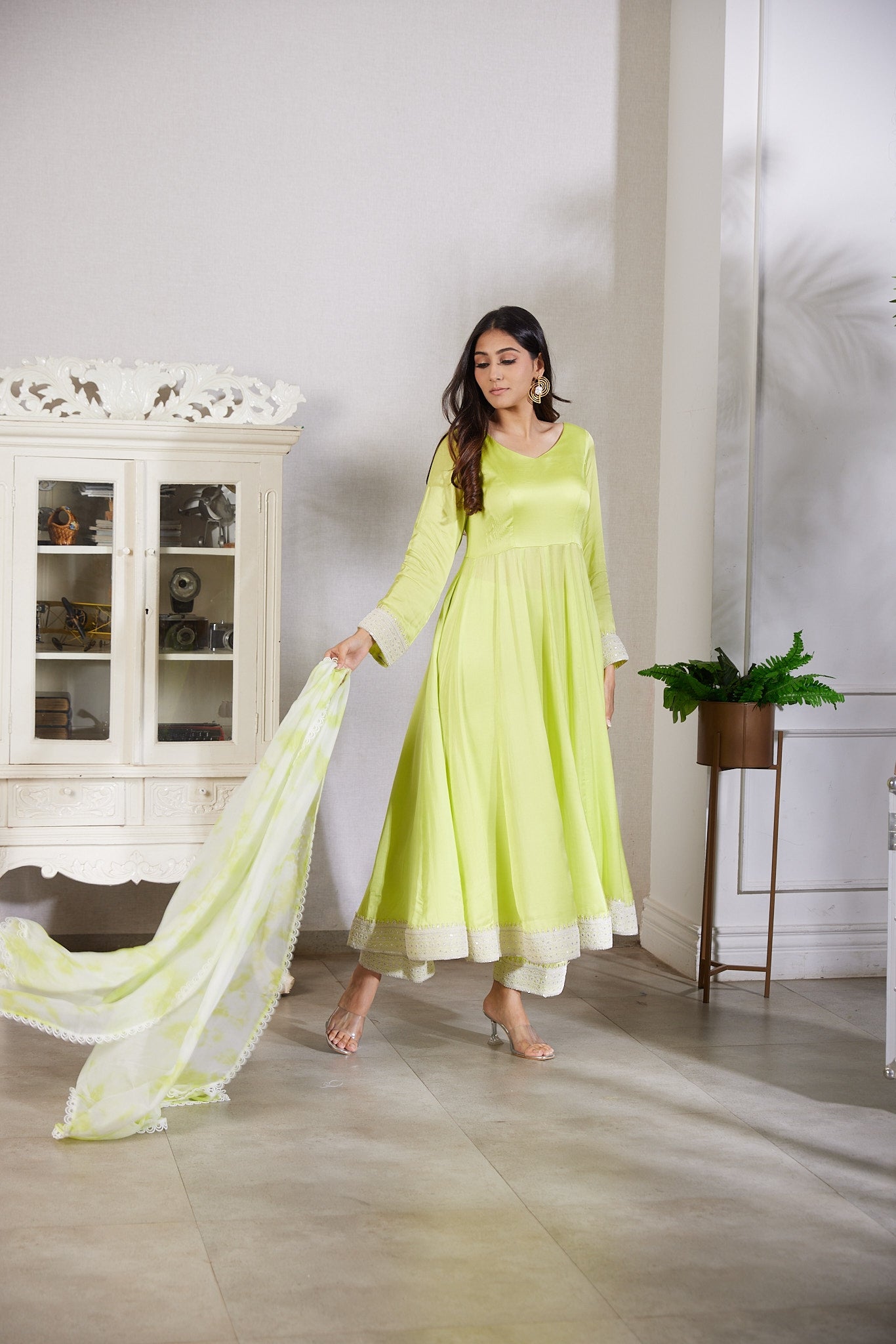 Long kaliwala anarkali with plazza pants ,dupattah organza silk with tie and dye effects finish with dori work borders