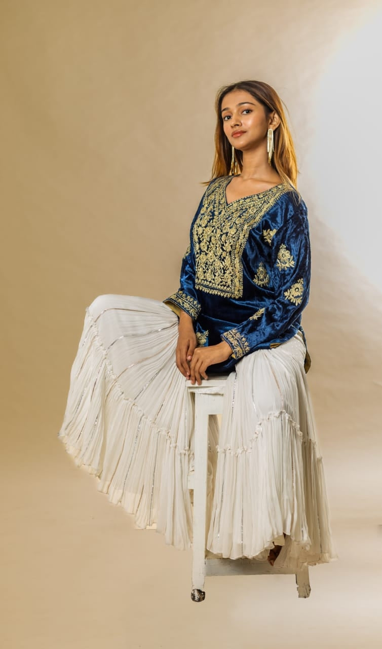 short Kurta with aari work gharara pants and organza silk dupattah