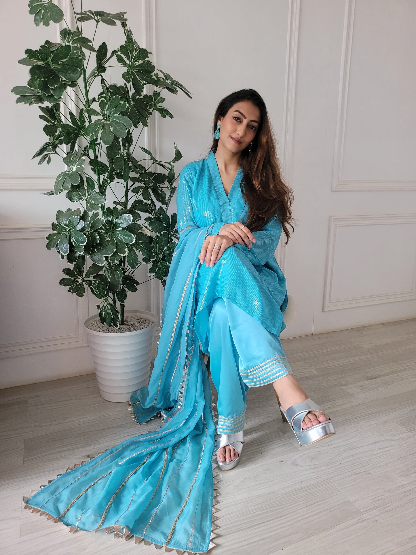 Long Sequence kurti with pants and organza silk dupattah with gotta work