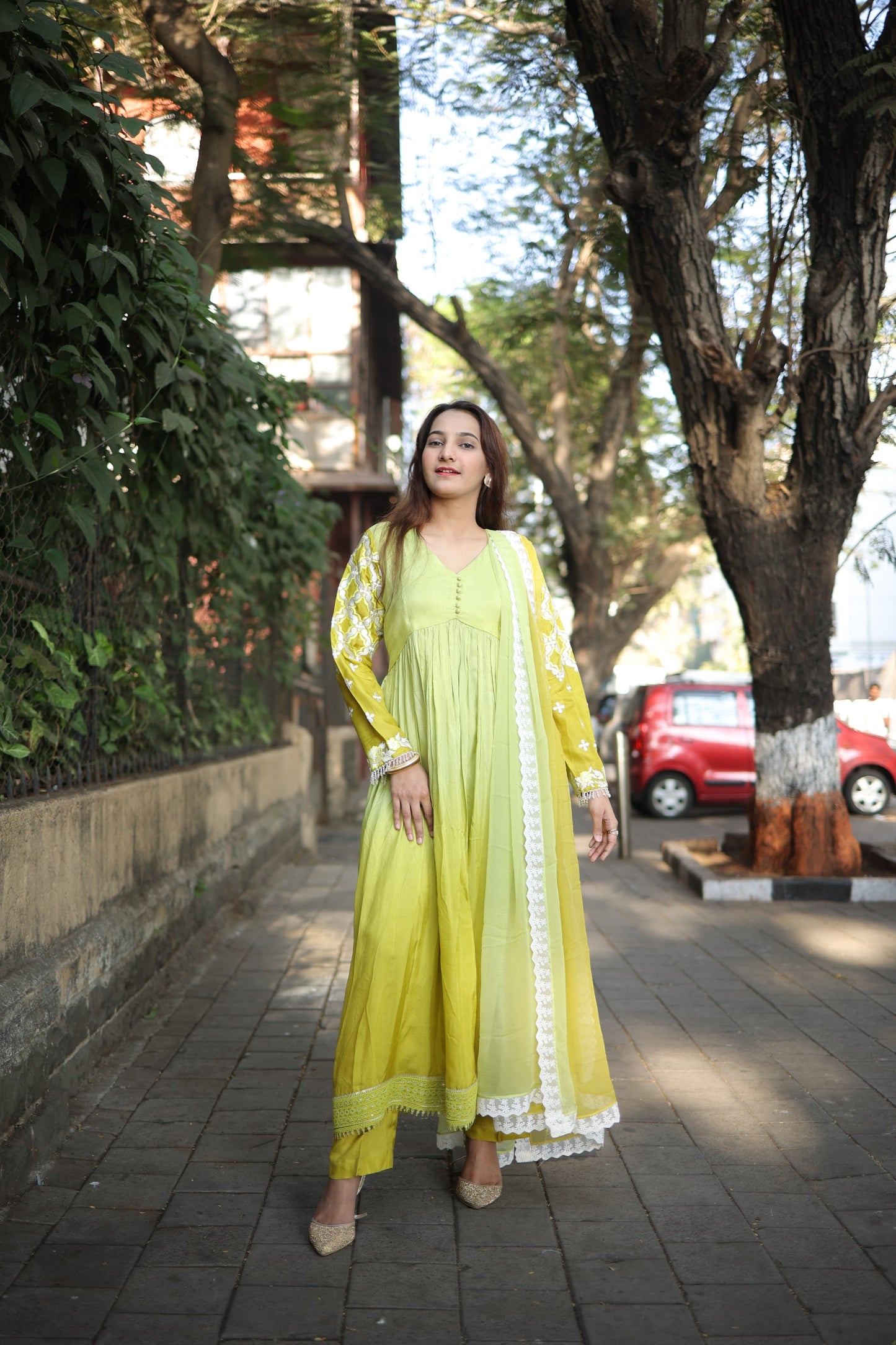 Anarkali with gathers and straight pants inside Sleeves Fully embroiderd