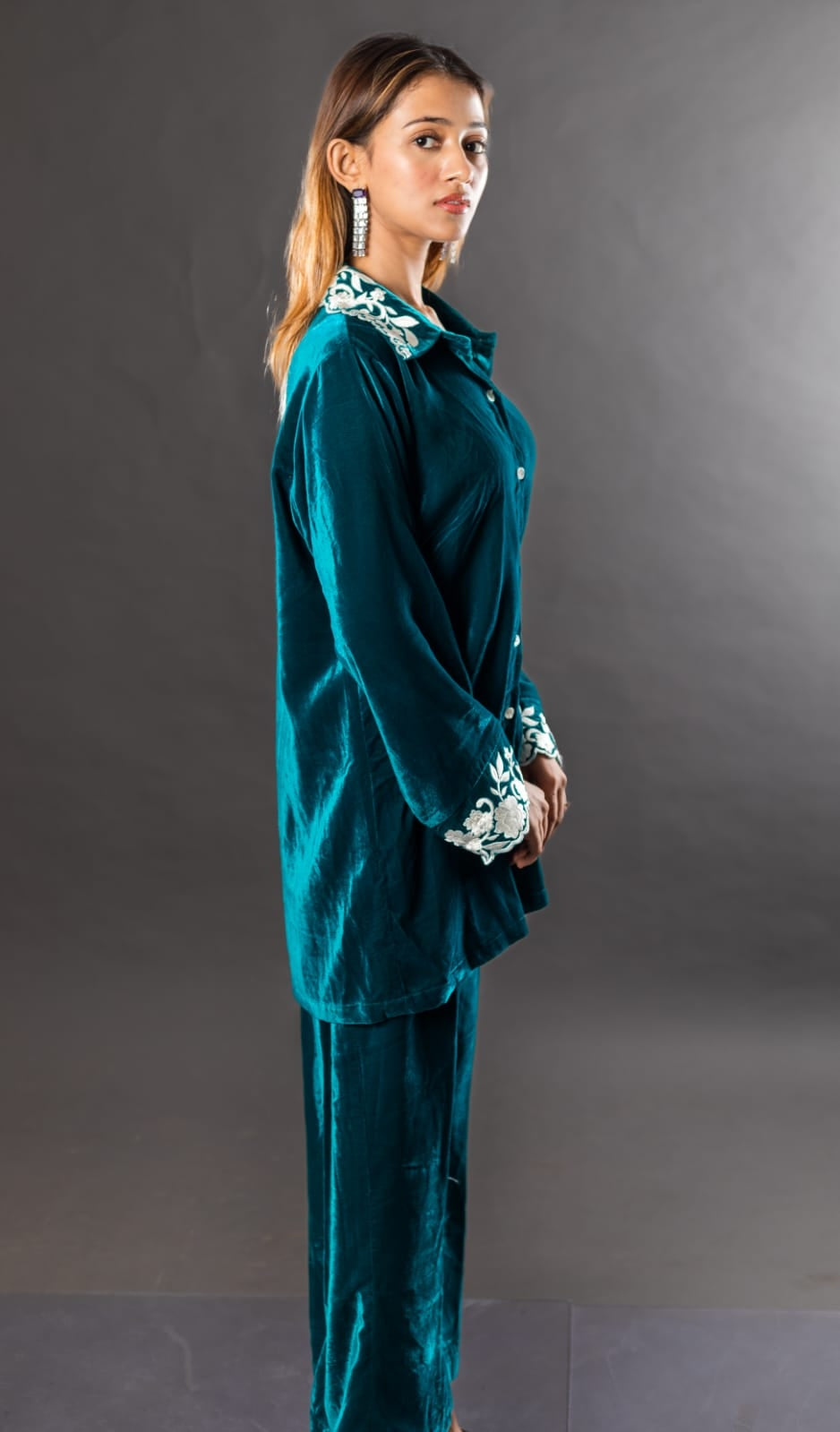 Velvet co ord set with embroidery in the cuff and colar