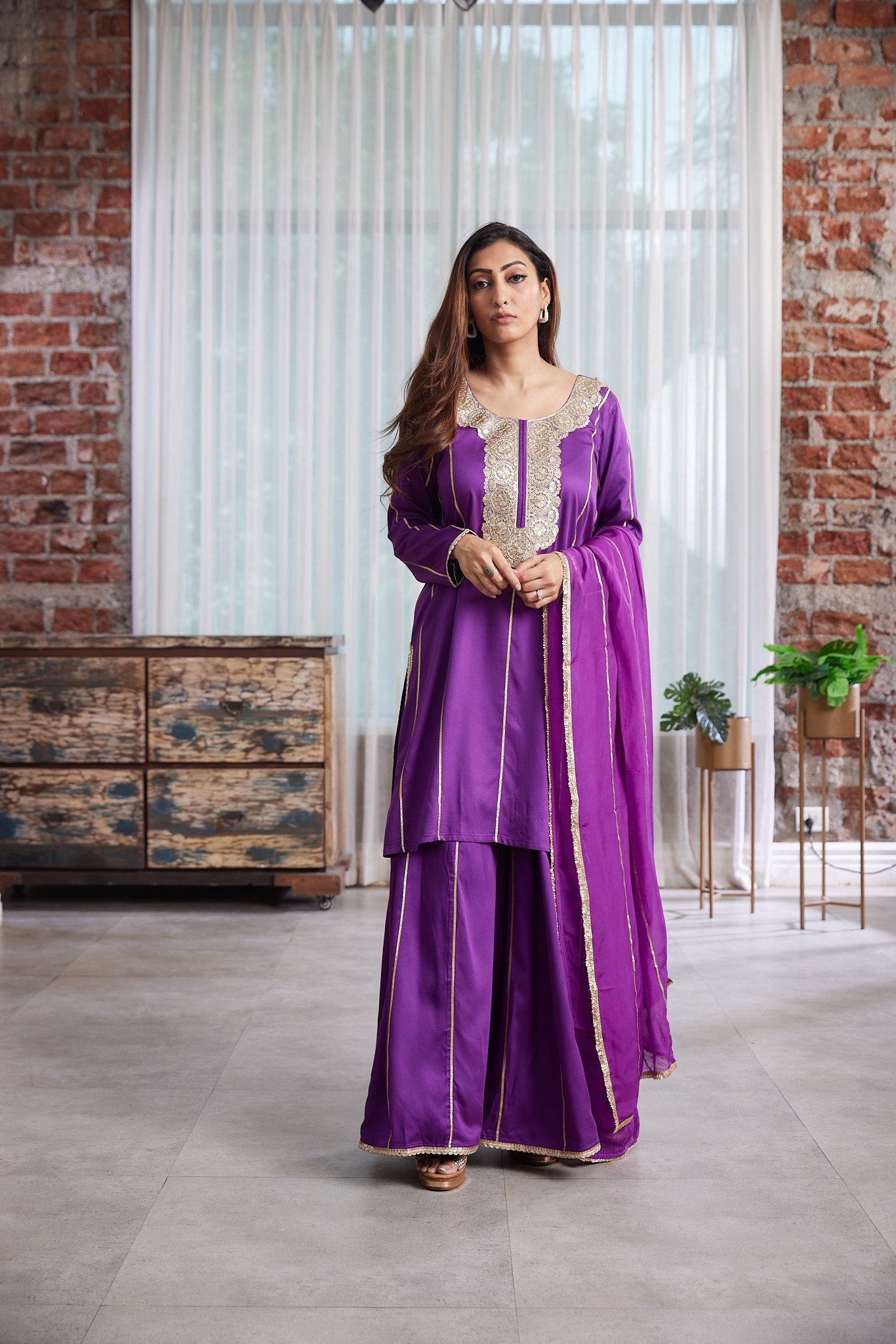 Kurta with gold neckline work along with kaliwala pants with gotta work ,dupattah organza silk with gotta work