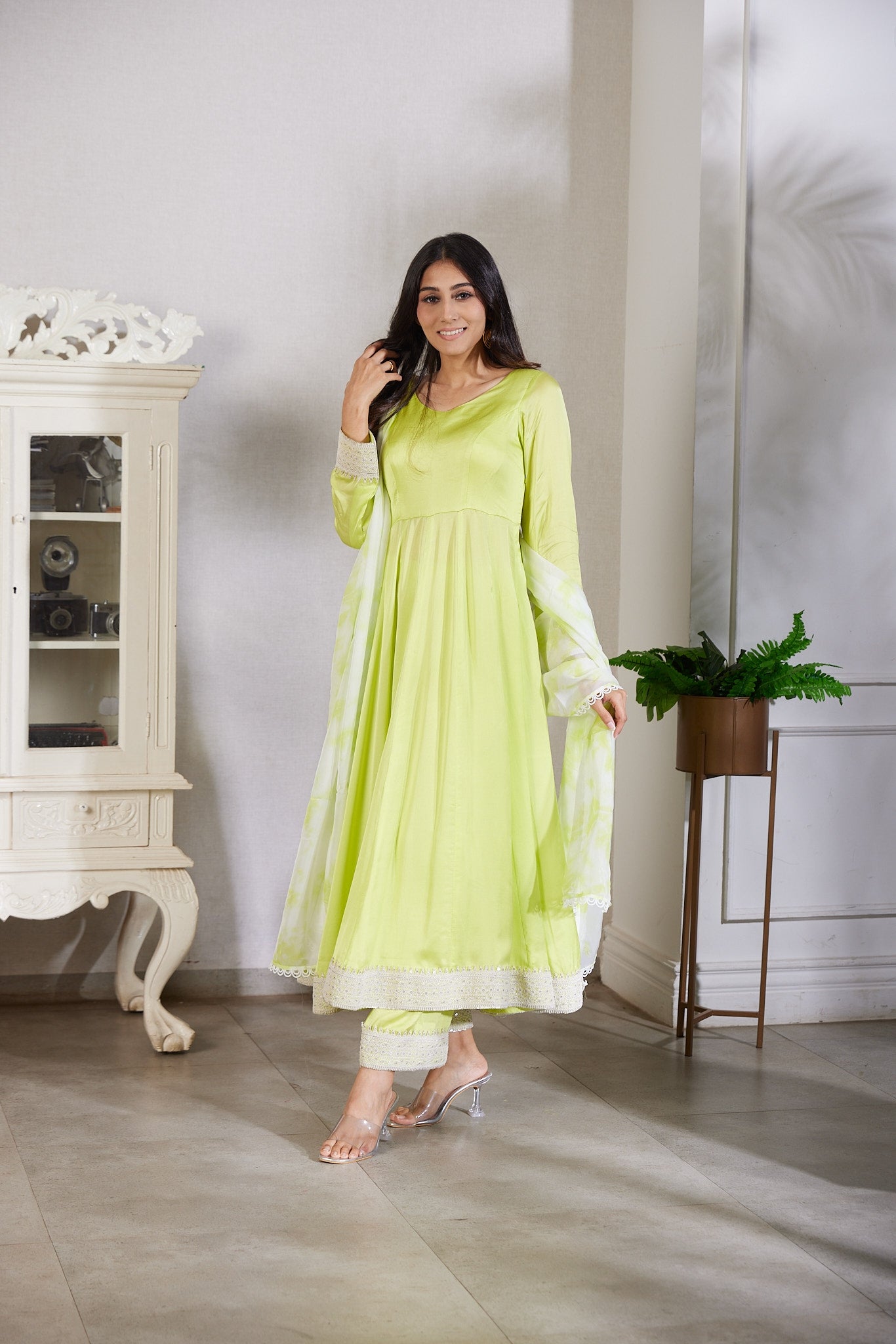 Long kaliwala anarkali with plazza pants ,dupattah organza silk with tie and dye effects finish with dori work borders