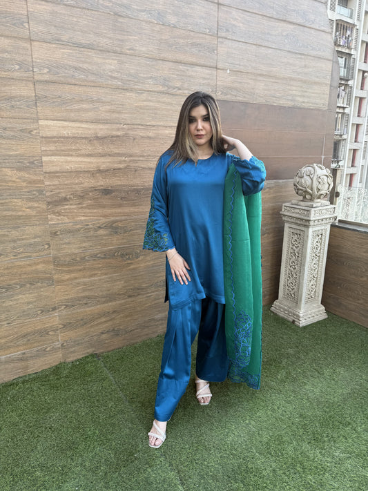 Satin Silk Short Kurta & Farsi Salwar Set and Dupatta