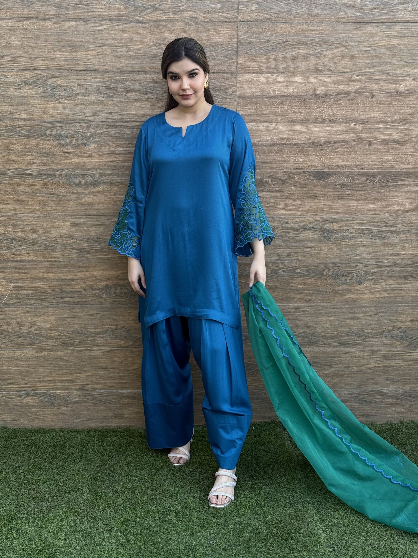 Satin Silk Short Kurta & Farsi Salwar Set and Dupatta